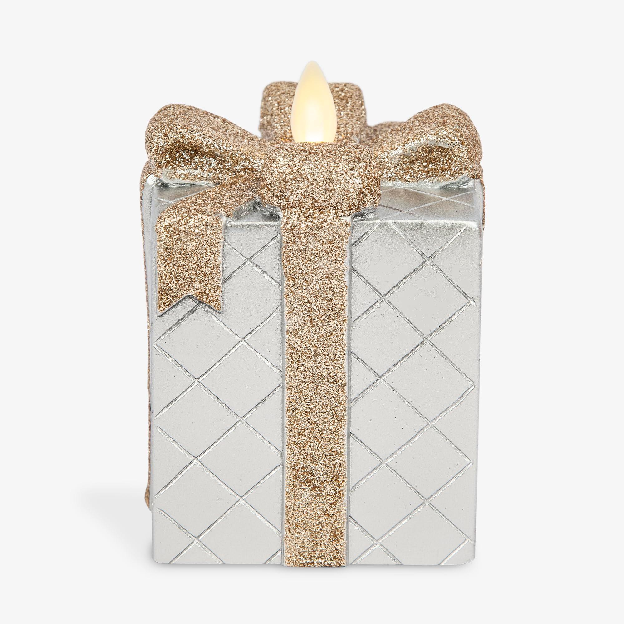 Luminara - Flameless Holiday LED Candle Battery Operated Moving Flame - Silver Gift Box - Pack of 1-3x4.25 - Glitter Ribbon with 5-Hour Timer Candle - Image 1