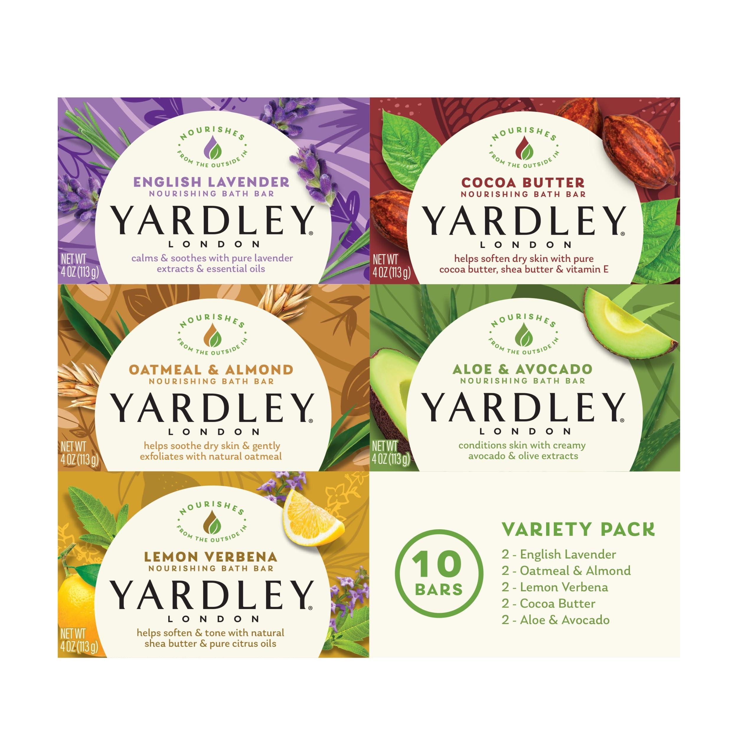 Yardley London Soap Bath Bar Bundle - 10 Bars: English Lavender, Oatmeal and Almond, Aloe and Avocado, Cocoa Butter, Lemon Verbena 4 Ounce Bars (Pack of 10, Two of each)