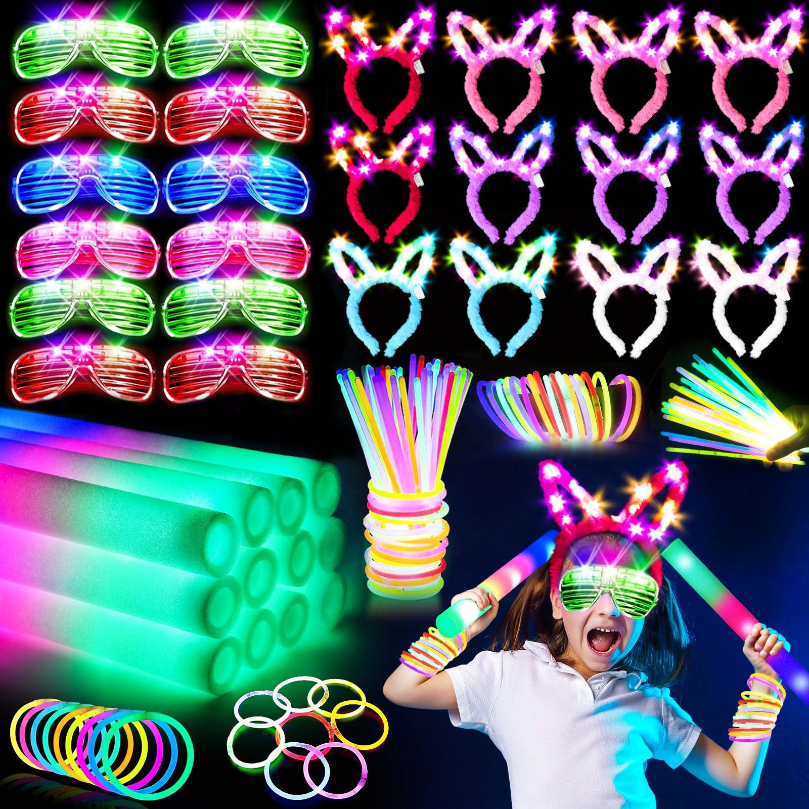 SHQDD 236 PCS Glow in the Dark Party Supplies, Halloween Party Favors, 12PCS 16" Foam Glow Sticks, 12PCS LED Glasses, 12PCS Bunny Ear Headband and 100PCS Glow Sticks for Neon Party for Kids or Adults