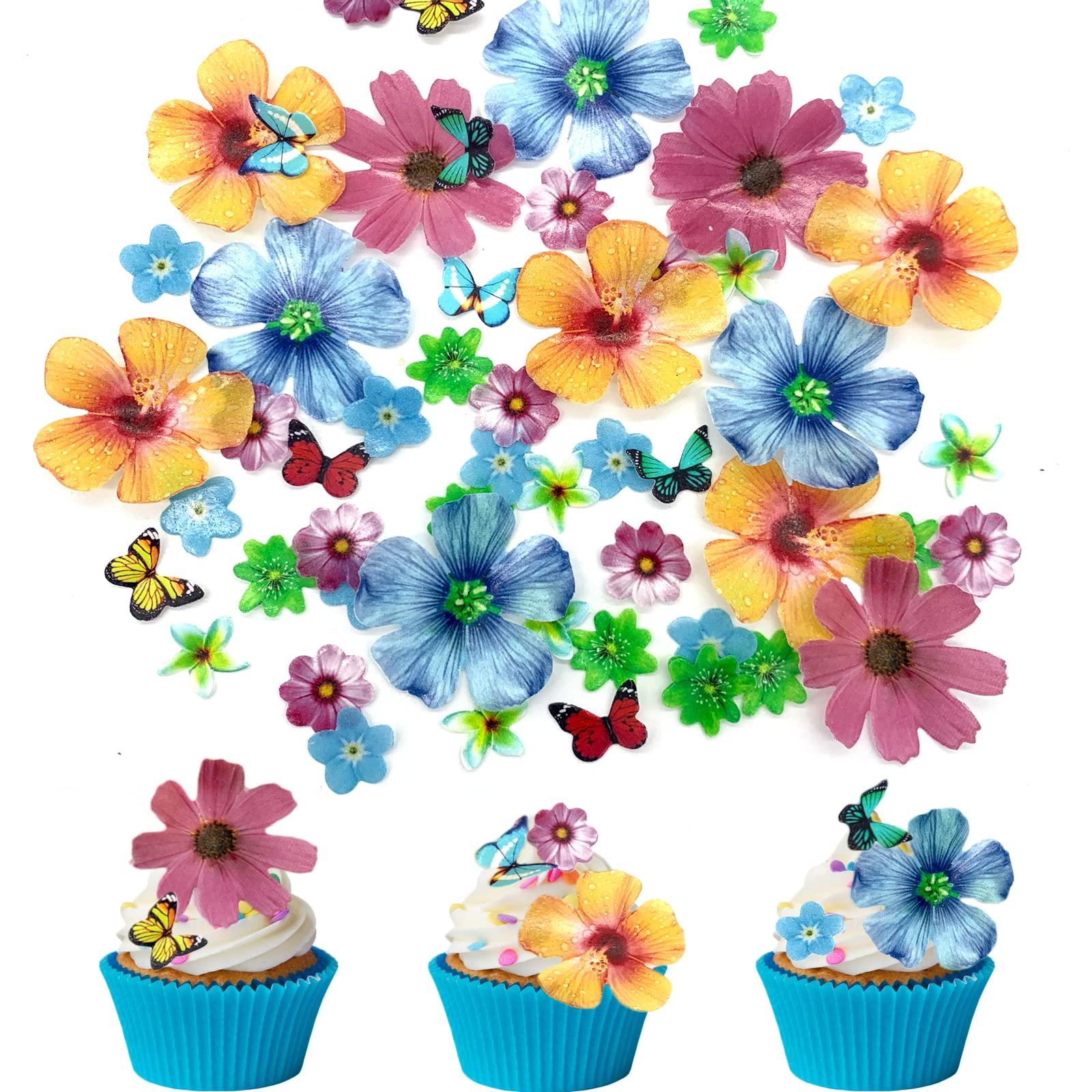 Weraru 58Pcs Edible Butterfly and Flowers Cake Topper Cupcake Toppers Wedding Themed Party Birthday Cake Decoration Mixed Size & Colour - Image 3