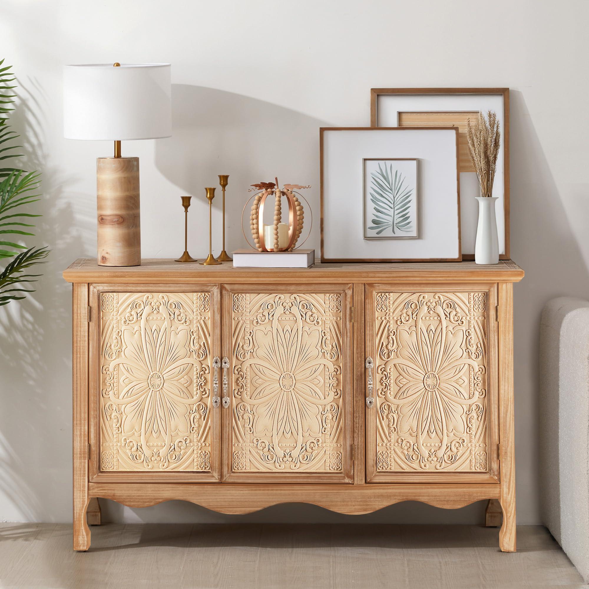 RoyalCraft Farmhouse Sideboard Buffet Cabinet with Storage, 49" Solid Wood Credenza Buffet Table Coffee Bar Wine Bar Storage Cabinet with 3 Doors for Dining Room Living Room Hallway, (Provence Grain) - Image 6