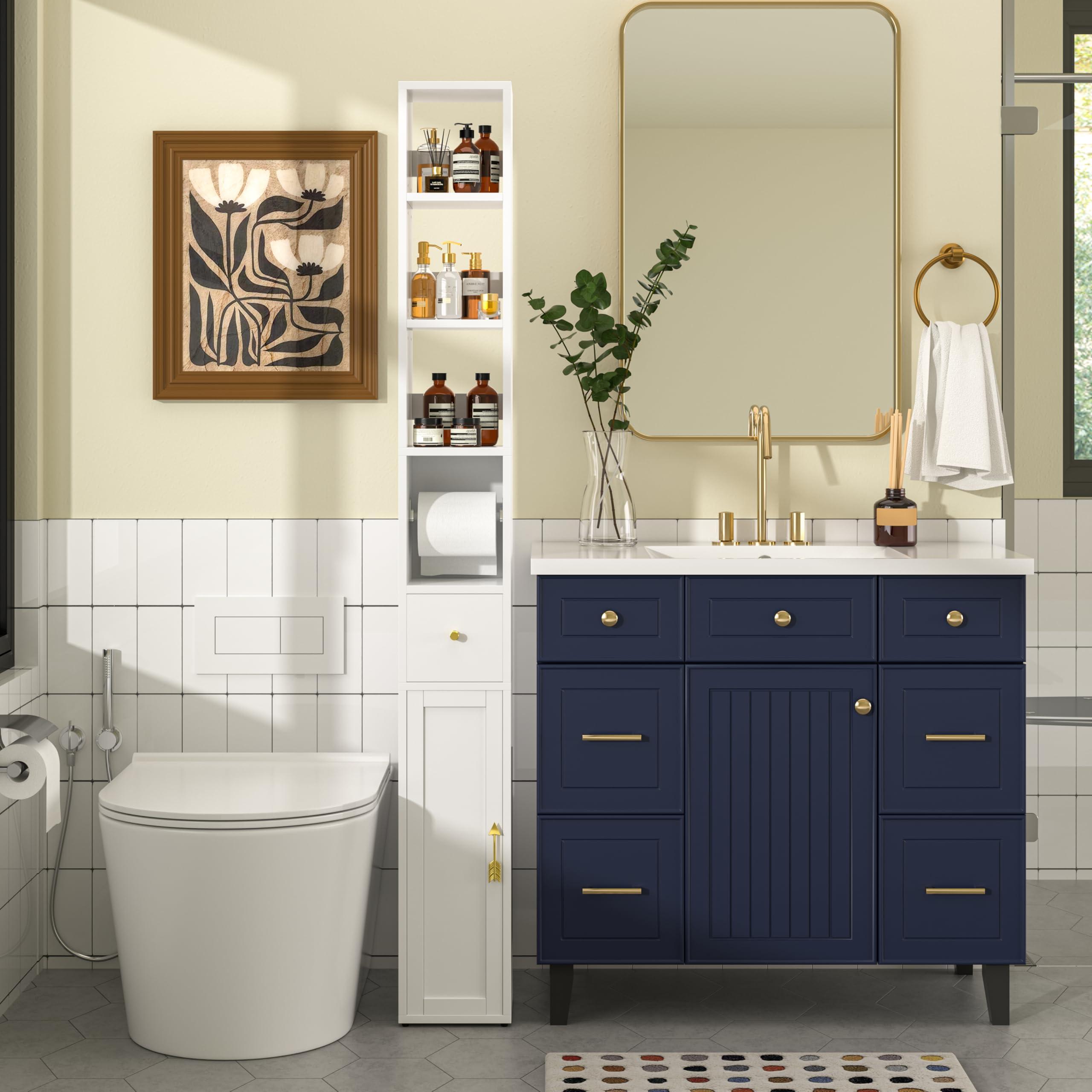 VECELO Tall Bathroom Cabinet with 3 Adjustable Shelves, Slim Storage Cabinet with Toilet Paper Holder & Drawer,Narrow Cabinet with Farmhouse Door & Arrow Handle, Pearl White