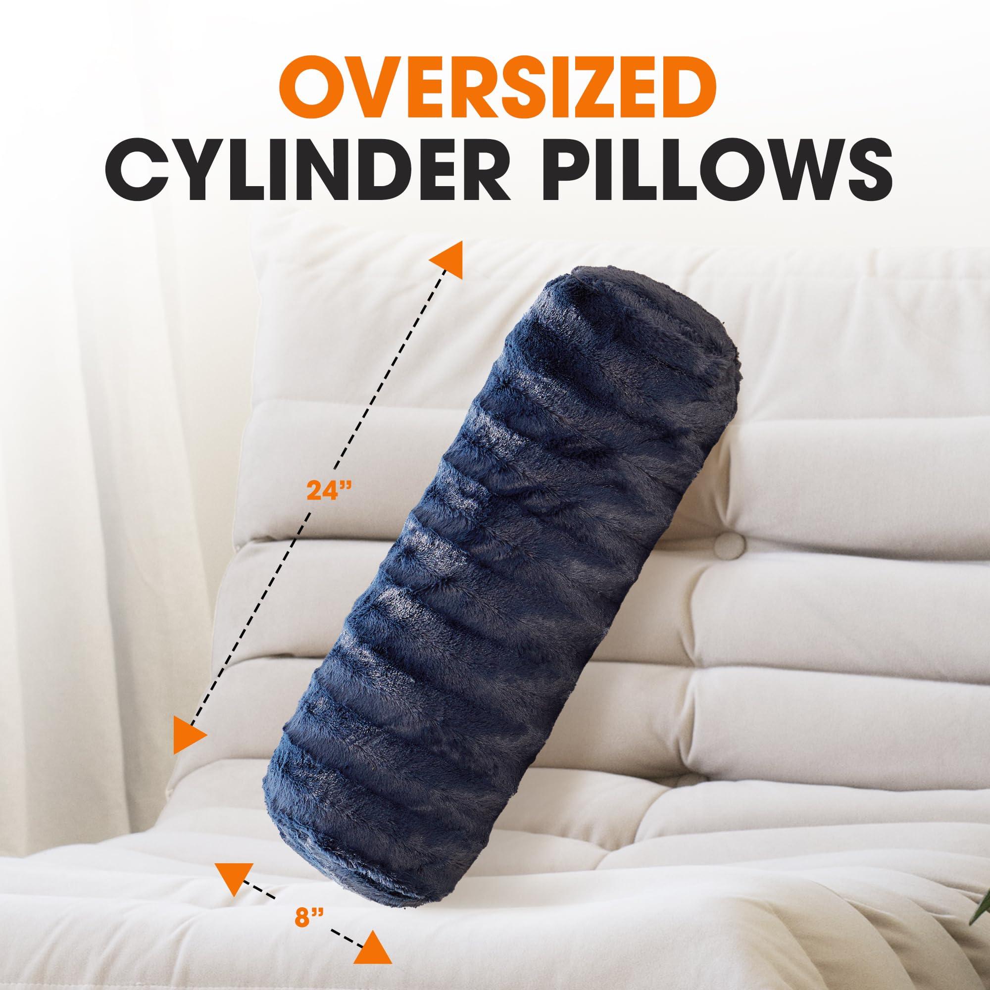 Cheer Collection Faux Fur Cylinder Pillows - Decorative Bolster Pillows for Bed, Accent Pillows for Couch, Machine Washable - 8” x 24” (2pk), Blue - Image 3