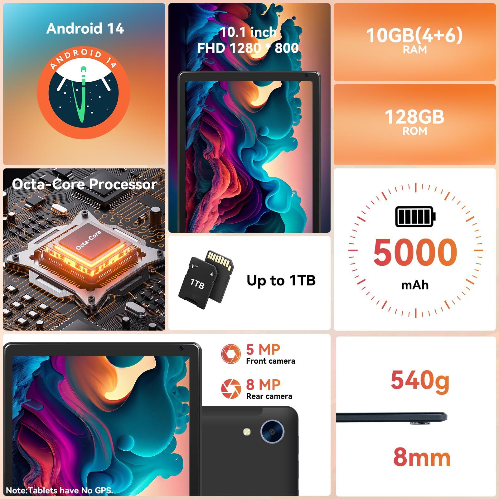 Tablet,10.1" Android Tablet with Octa-core Processor 10GB RAM 128GB ROM HD IPS Touchscreen 8H Battery, Wi-Fi 6, BT 5.0, Dual Camera, Google Tablets 2025 - Image 2
