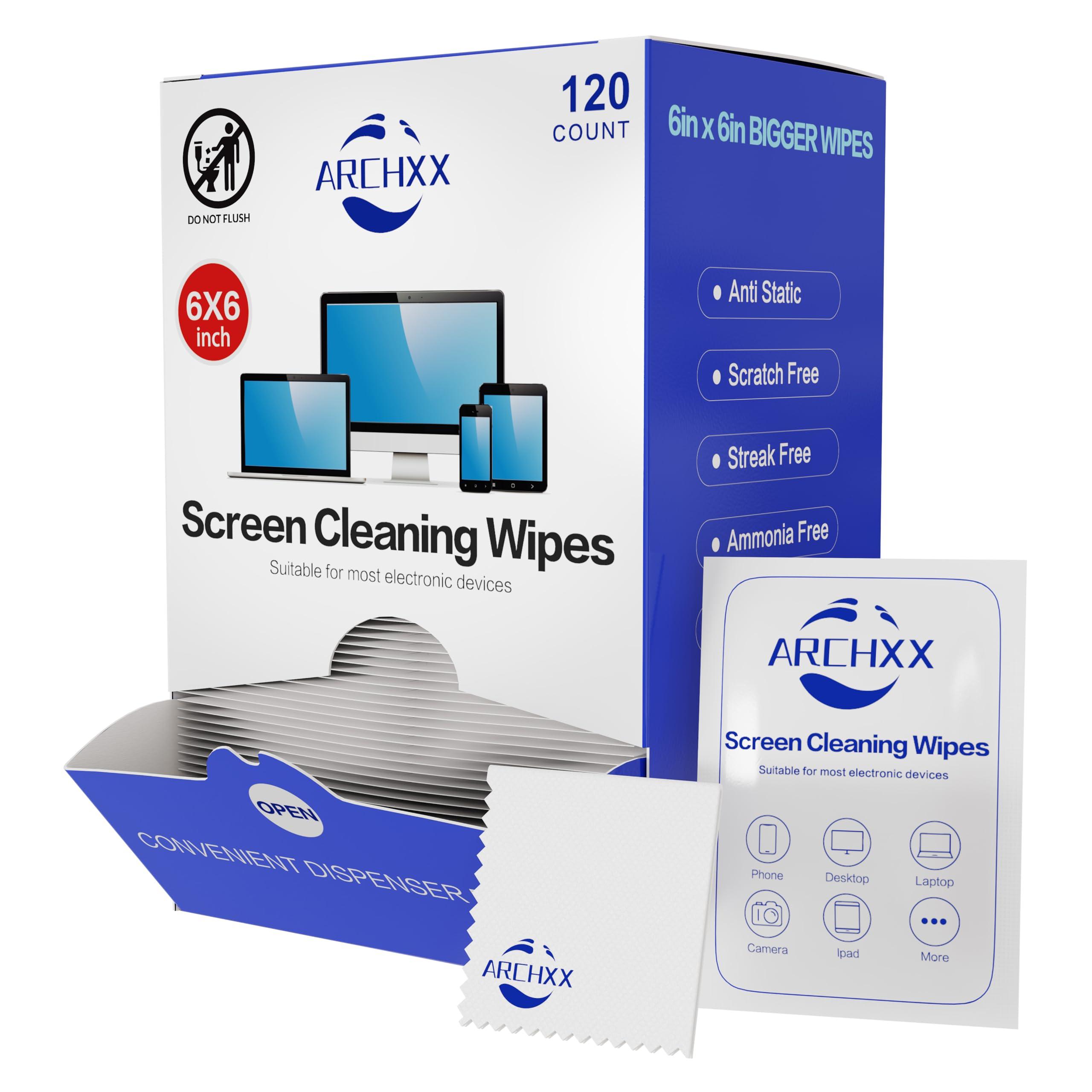 ARCHXX Screen Wipes for Electronics, 120 Count 6"x6" Pre-Moistened Screen Cleaner for Screens, Computer,Laptop,Tablet,Phone,Monitor,Car Screen Cleaner, Lens Wipes Individually Wrapped