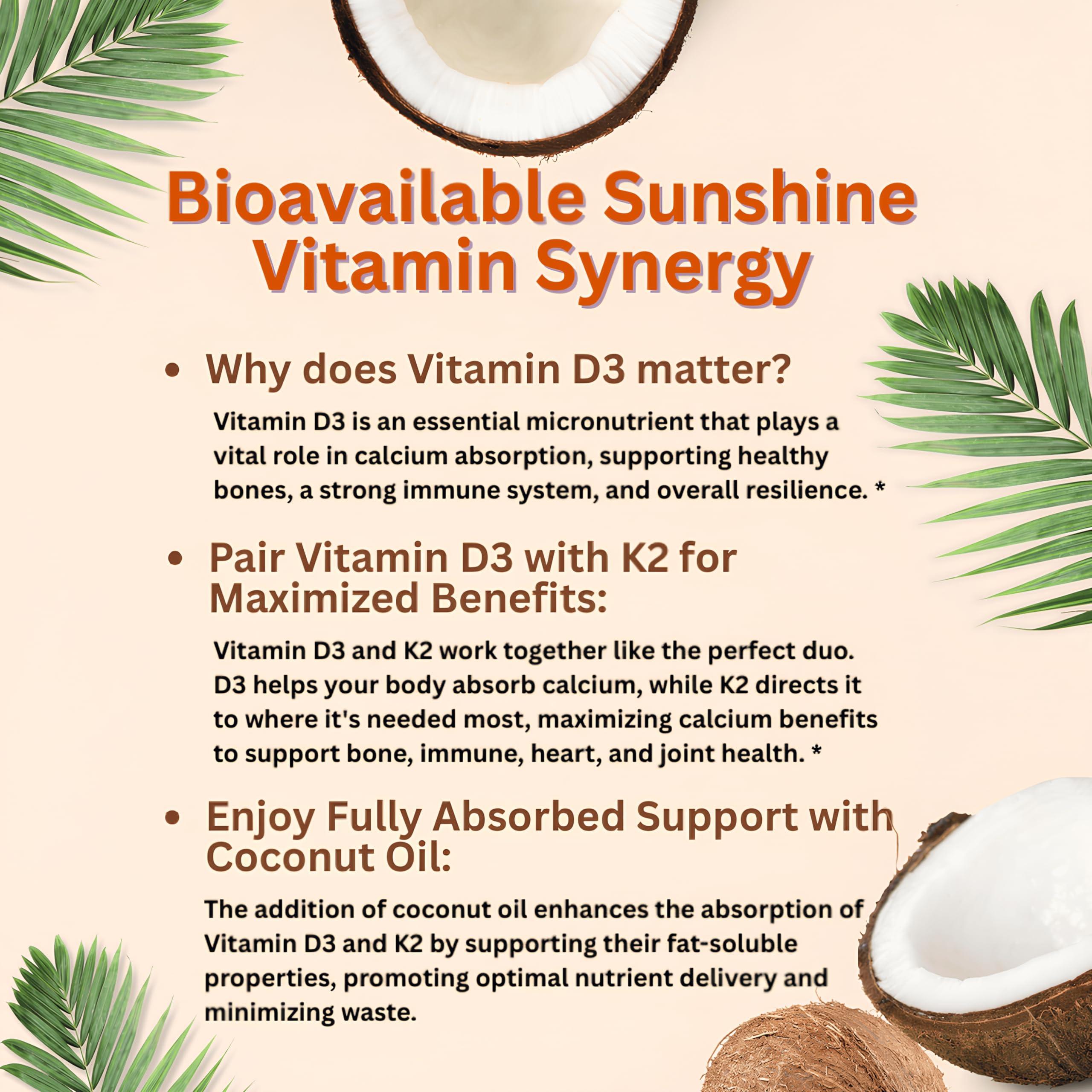 Vitamin D3 10000 iu Plus K2 (MK-7) 200 mcg, 300 Virgin Coconut Oil Softgels| 2 in 1 Vitamins D & K Complex | Supports Calcium Absorption, Bone, Immune, & Heart Health – Easy to Swallow - Image 5