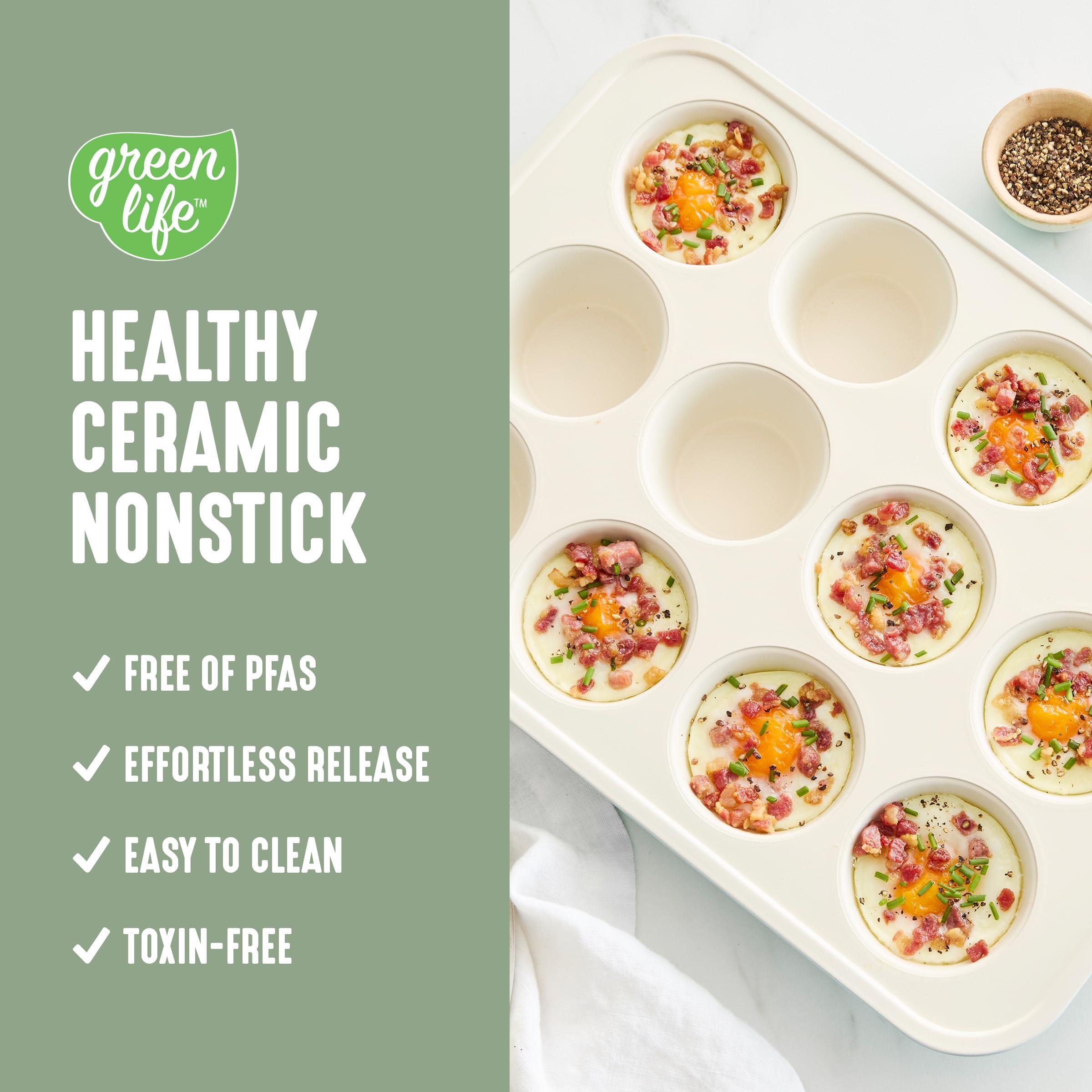 GreenLife 12-Cup Muffin Pan, Healthy Ceramic Nonstick Bakeware, PFOA & PFAS-Free Cupcake Tray, Durable Baking Pan, Versatile Kitchen Essential, Easy Clean Muffin Mold, Nonstick Baking Sheet, Sage - Image 2