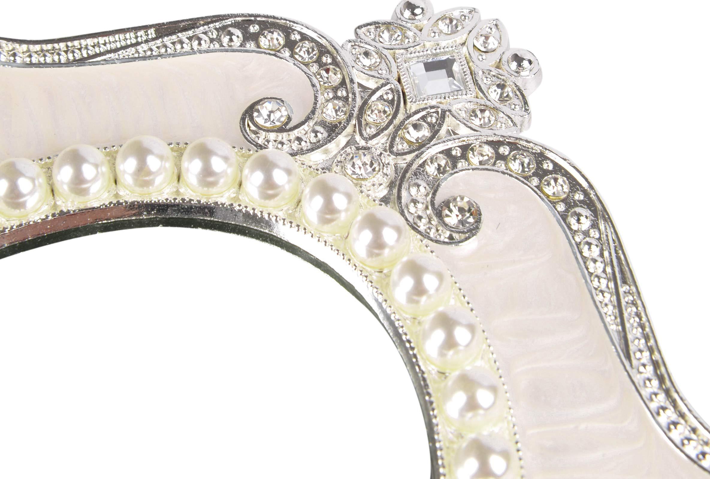 Nerien Decorative Tabletop Oval Mirror Vintage Metal Desktop Mirror with Stand Pearl Floral Frame Makeup Mirror Retro Cosmetic Mirror Countertop Dressing Mirror for Home, Bedroom Decor White-S - Image 5