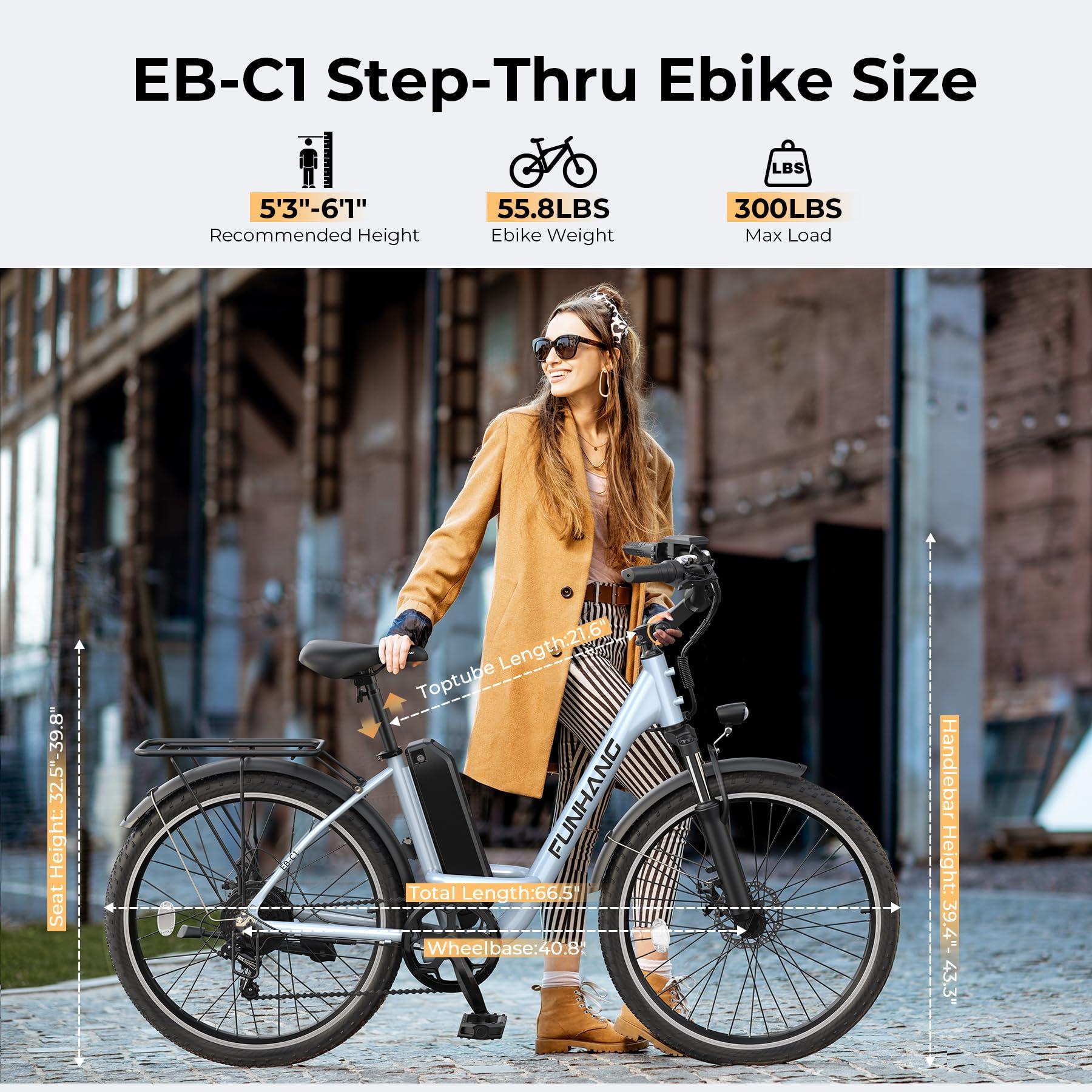 Funhang Electric Bike for Adults, 1000W Peak Ebike, 21.7MPH 50Miles City Cruiser Ebikes, 26" Step Thru Electric Bicycle with 48V Removable Battery, Adjustable Stem, Rear Rack, Front Suspension,7 Speed - Image 7