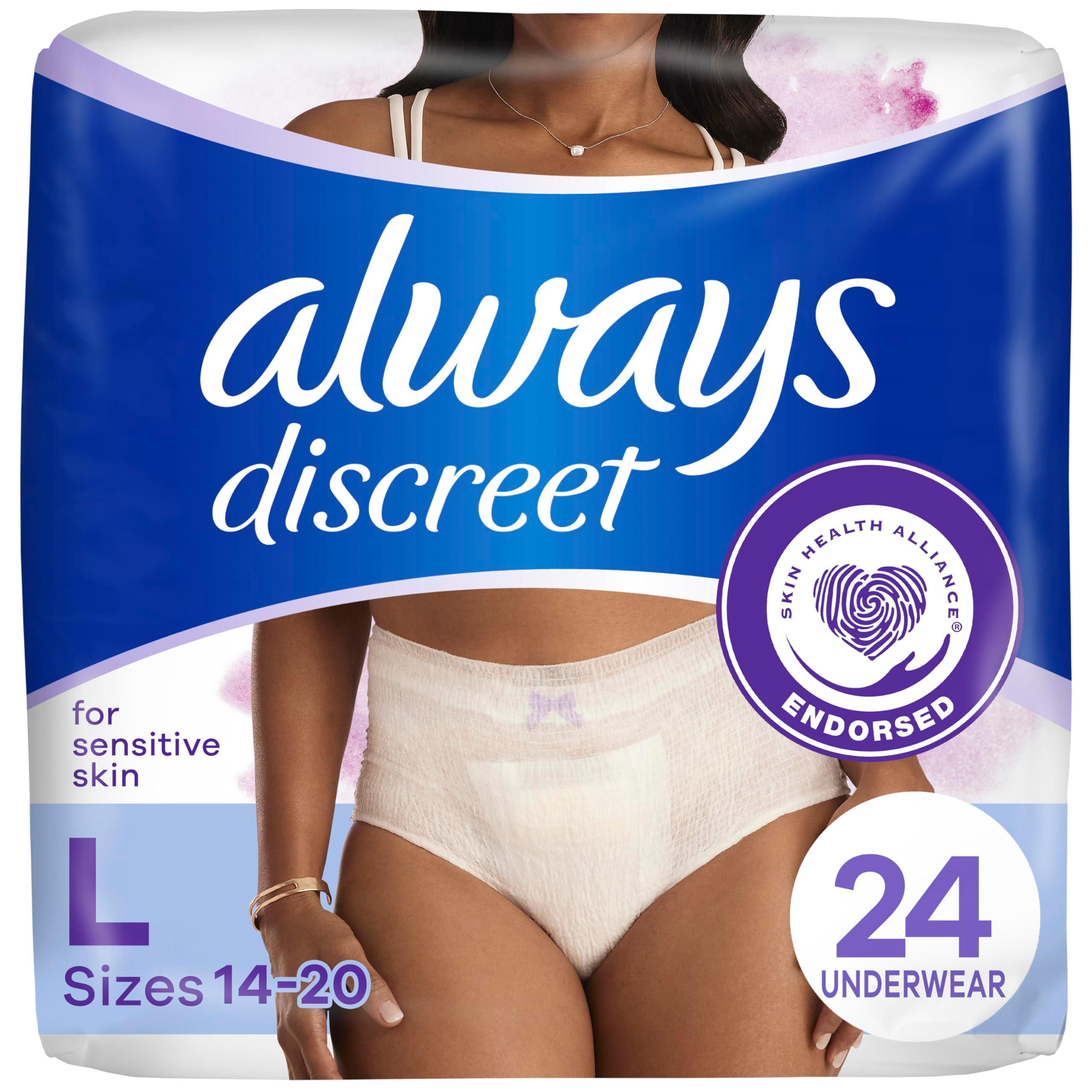 Always Discreet for Sensitive Skin Underwear, Four Times Skin Protection, Dermatologically Tested, Fragrance-Free, Maximum Absorbency, L, 24 Count (Packaging May Vary)