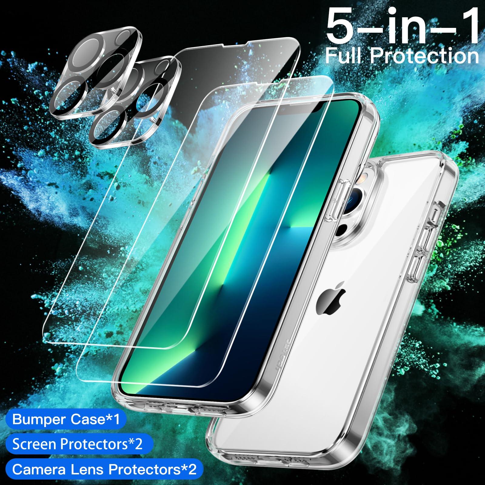 JETech 5 in 1 Case for iPhone 13 Pro Max 6.7-Inch, with 2-Pack Screen Protector and Camera Lens Protector, Non-Yellowing Shockproof Bumper Phone Cover, Full Coverage Tempered Glass Film (Clear) - Image 2