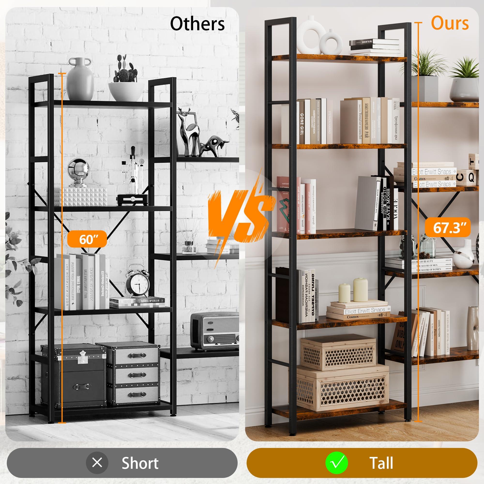 Shintenchi Triple 5 Tier Bookshelf, Industrial Large Bookcase with 14 Open Display Shelves, Large Etagere Bookshelf,Wide Book Shelf Book Case for Home & Office, Rustic Brown - Image 6