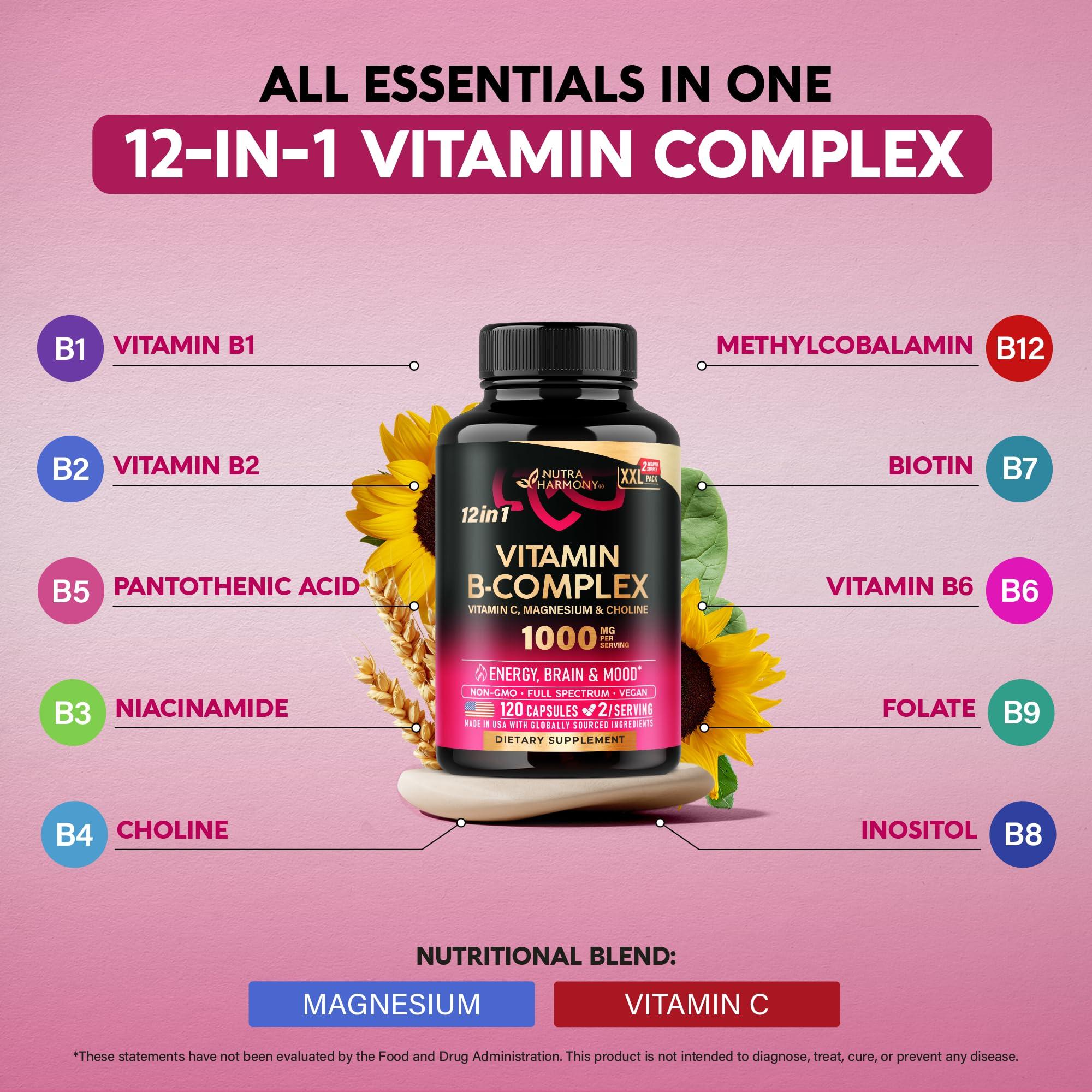 Vitamin B Complex for Men & Women - Made in USA - B-Complex: B1, B2, B3, B5, B6, B7, B8, B9, B12 with Vitamin C, Choline, Inositol - Energy, Brain & Heart Support Supplement, 120 Vegan Capsules - Image 5