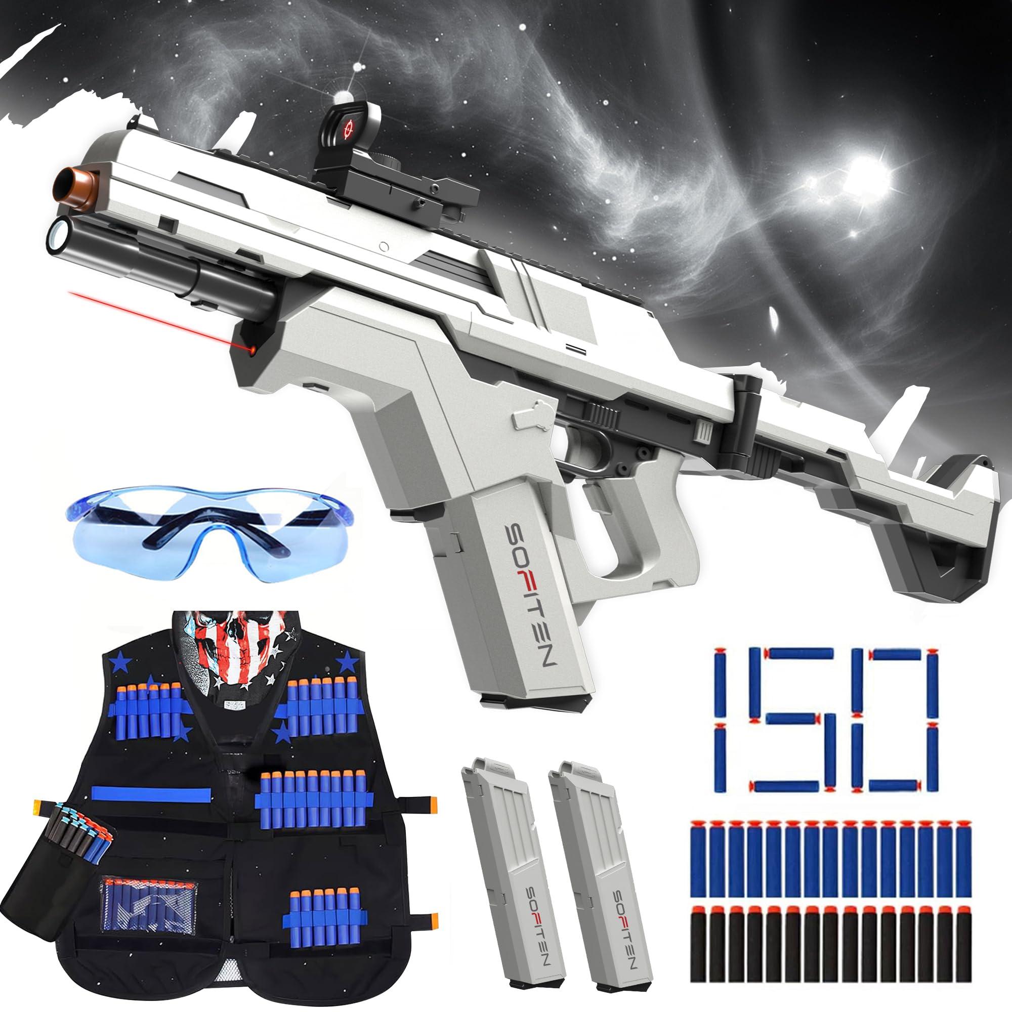 SOFITEN Toy Gun Automatic Sniper Rifle Tactical Vest Toy Foam Blaster with 150 Darts IR and Flashlight Foldable Stock The Shooting Activity Game for Kids Age 8-12 Gifts for Birthday Xmas