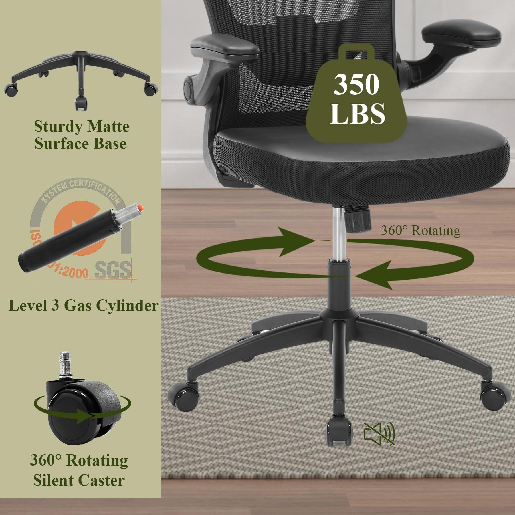 TOPBSHODC Ergonomic Office Chair 350lbs PU Leather Mesh Desk Chair with Lumbar Support, Flip-Up Arms, Swivel Wheels, Adjustable Height, Rolling Executive Computer Task Chair for Home Office,Black - Image 12