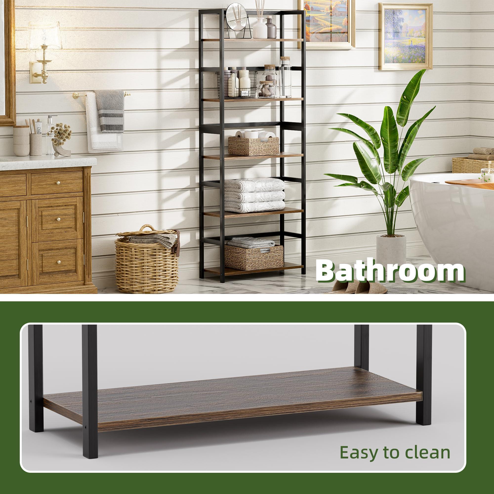 vovala 5-Tier Bookshelf, Industrial Bookcase with Bamboo Frame, Modern Display Standing Shelf Unit, Tall Wood Storage Organizer for Living Room, Home Office, Rustic Brown - Image 7