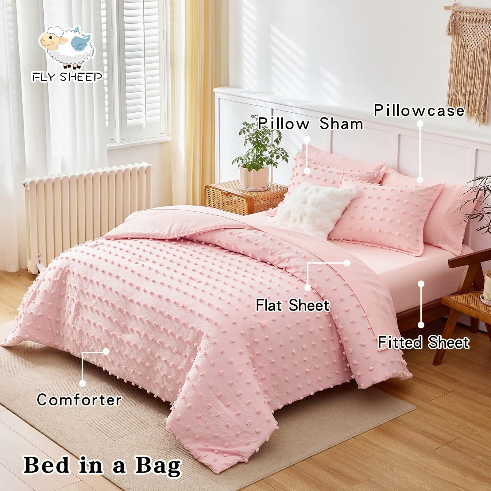 6 Pieces Tufted Dots Bed in a Bag Twin Comforter Set Girls Pink , Soft and Embroidery Shabby Chic Boho Bohemian Comforters, Luxury Solid Color with Pom Pom Design, Jacquard Tufts Bedding Set for Kids - Image 2