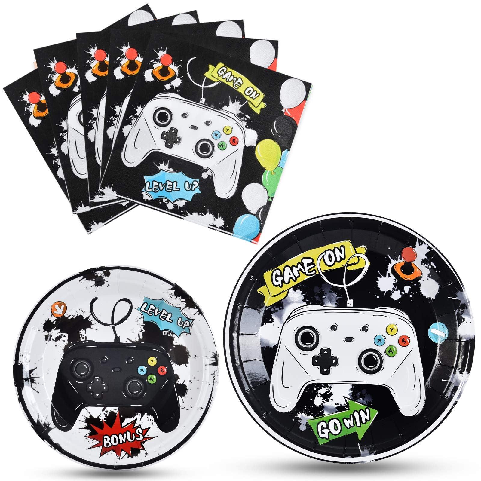 WERNNSAI Video Game Party Supplies - 48 PCS Watercolor Gaming Party Plates and Napkins Disposable Game Lovers Paper Plates Napkins for Boys Gamer Birthday Dinner Dessert Decorations Serves 16 Guests