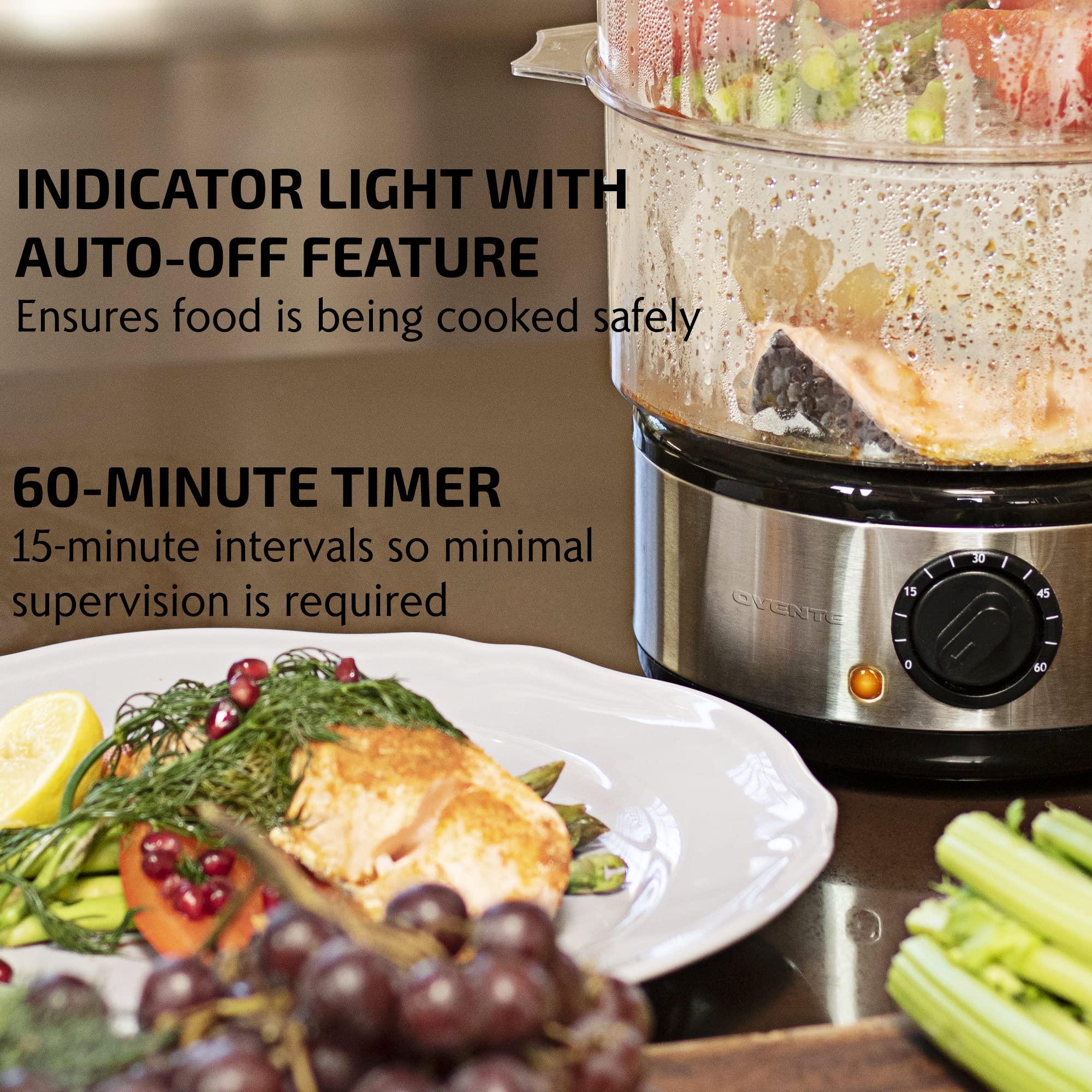 OVENTE 2 Tier Electric Food Steamer for Cooking Vegetables, Stainless Steel Base, Stackable and Dishwasher Safe Baskets, 400W with Auto Shutoff and 60-Minute Timer, 5 Quart Capacity, Silver FS62S - Image 5