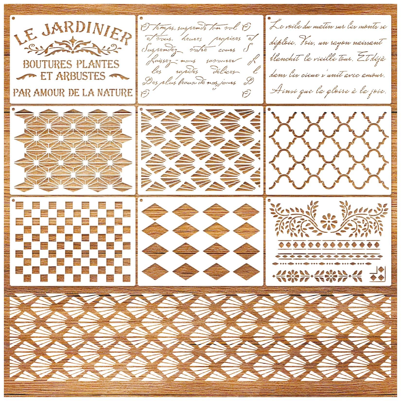 Script Stencils for Painting on Wood, French Writing Check Checkerboard Stencils for Crafts Reusable Border Art Furniture Patterns for Wall Cabinets Tables Canvas Furniture (Check)