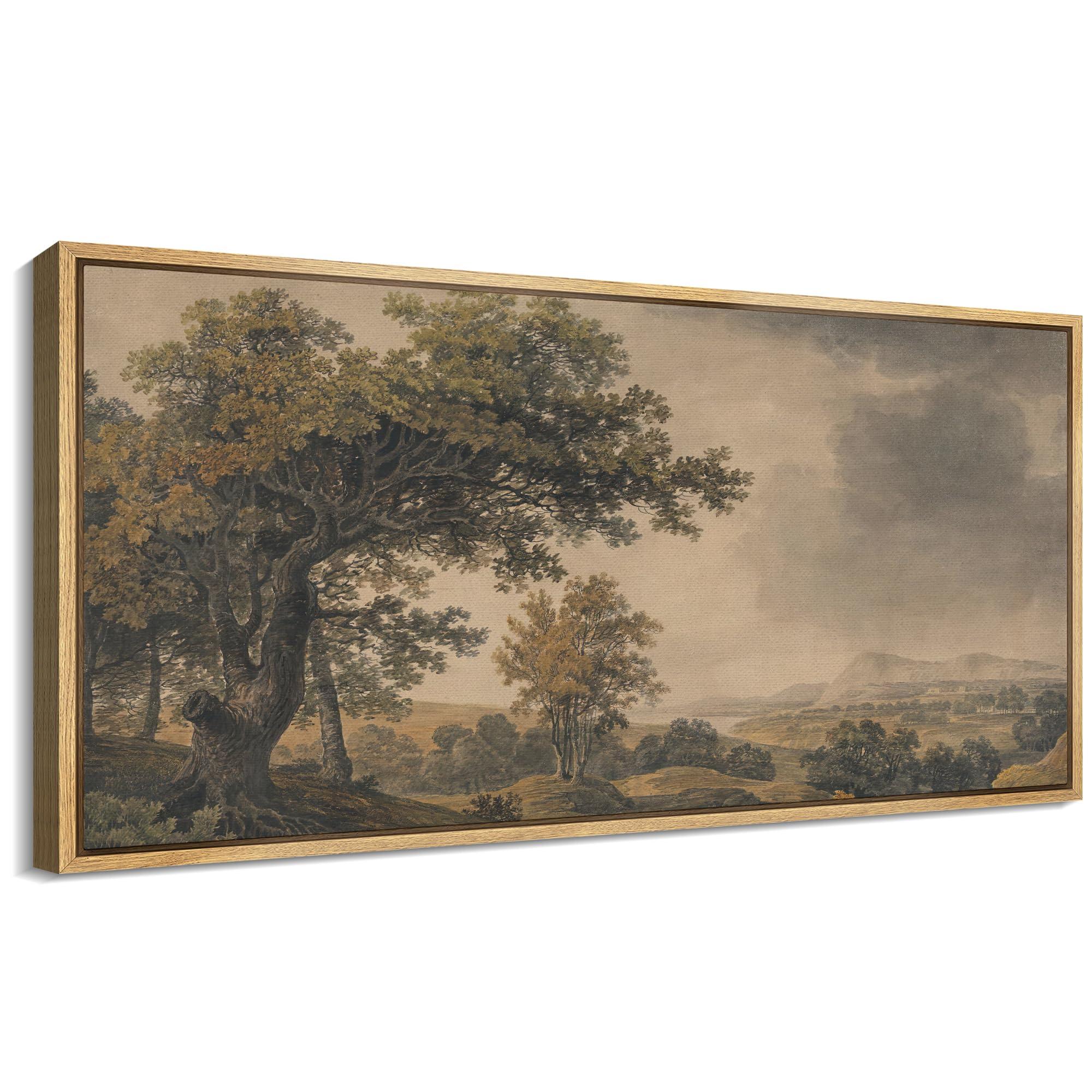 SIGNFORD Extra Large Framed Canvas Print Wall Art Pastoral Countryside Landscape with Trees Illustrations Modern Art Calm Warm for Living Room, Bedroom, Office - 60"x30"