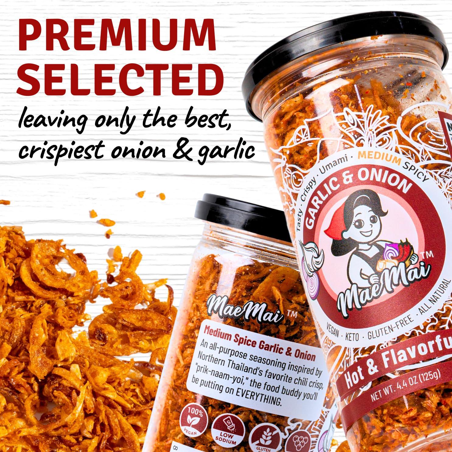 MaeMai Chili Crisp (MEDIUM HOT Spice) - Non-Oily Chili Crisp Topper, Rice Seasoning, Ramen Topper, Furikake, Umami Onion & Garlic Flakes | 4.41oz (125g) Resealable Bottle - Image 4