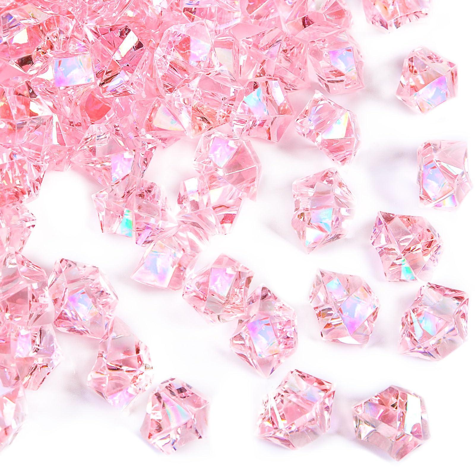 DomeStar Dazzling Pink Ice Rocks, 180PCS Holographic Acrylic Crushed Ice Sparkling Fake Diamonds Holographic Plastic Gems for Vases Fillers Table Scatter Decoration