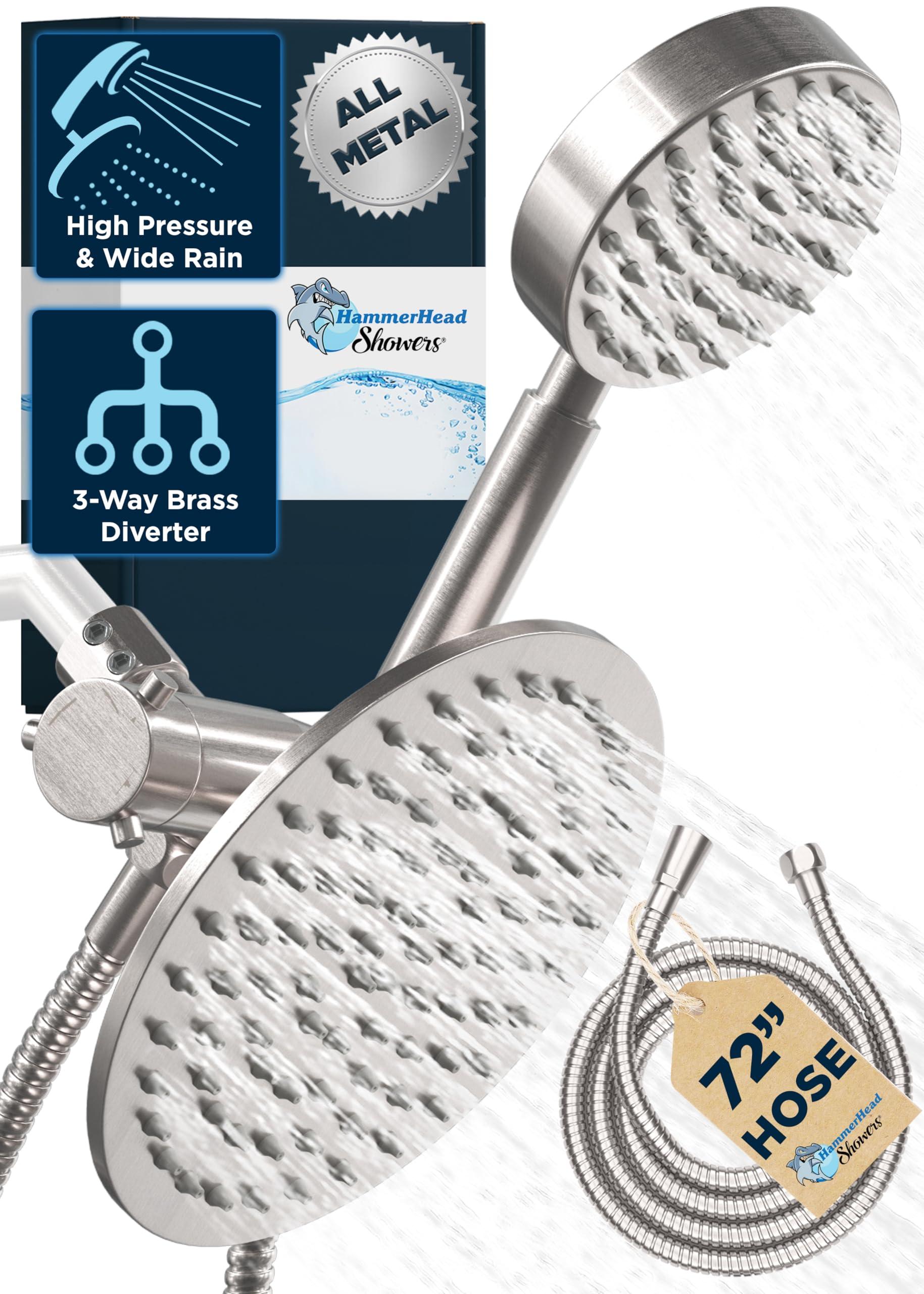 HammerHead Showers® ALL METAL Dual Shower Head Combo – BRUSHED NICKEL – 8 Inch Rainfall High Flow Shower Head & Handheld Shower Head High Pressure with Hose 6ft - Hotel-Like Double Shower Heads