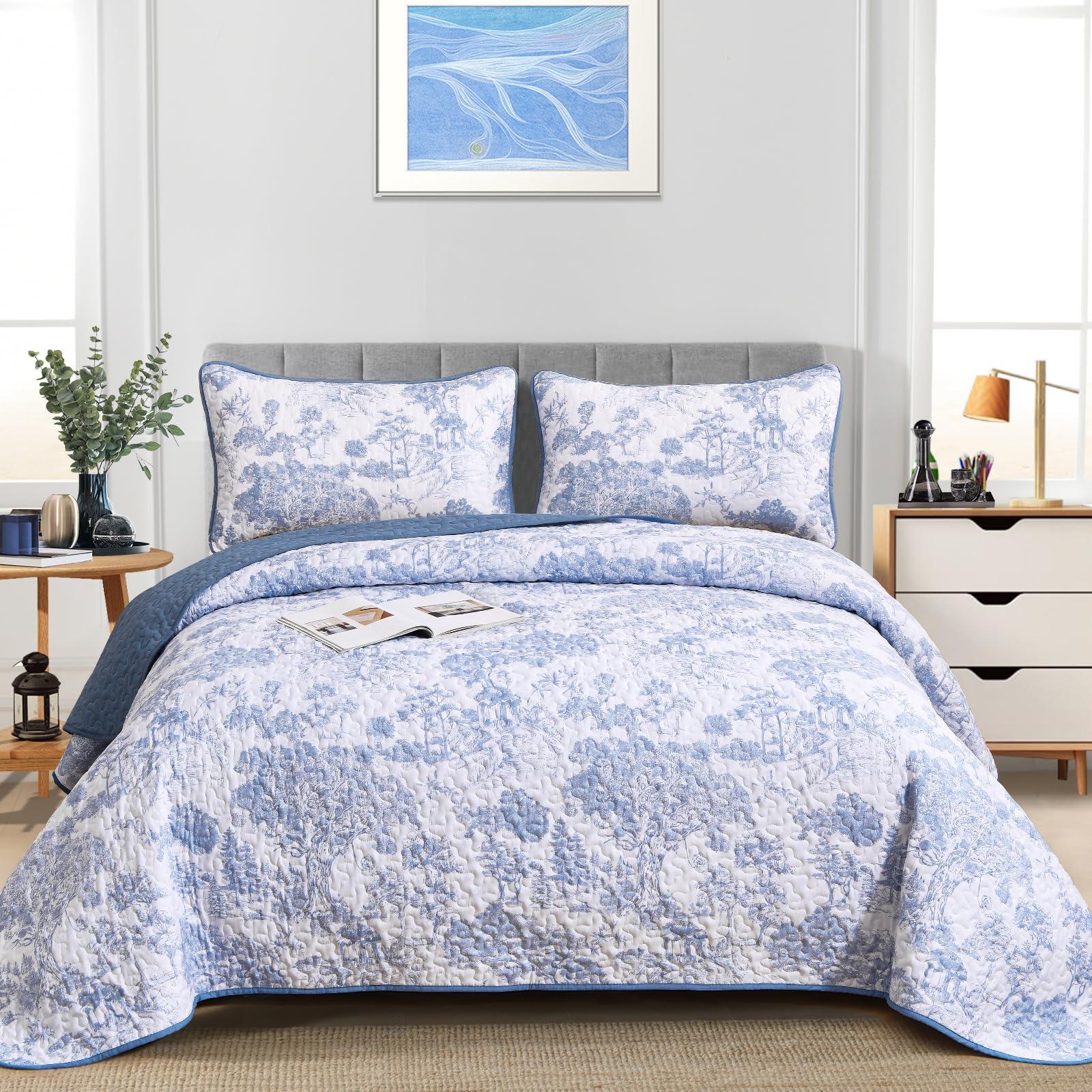 WONGS BEDDING Blue Quilt Set King Size, 3 Pieces Botanical Bedspreads Set Lightweight Microfiber Blue Toile Plants Pattern Coverlet Home Decor for All Seasons(104"×90") - Image 2