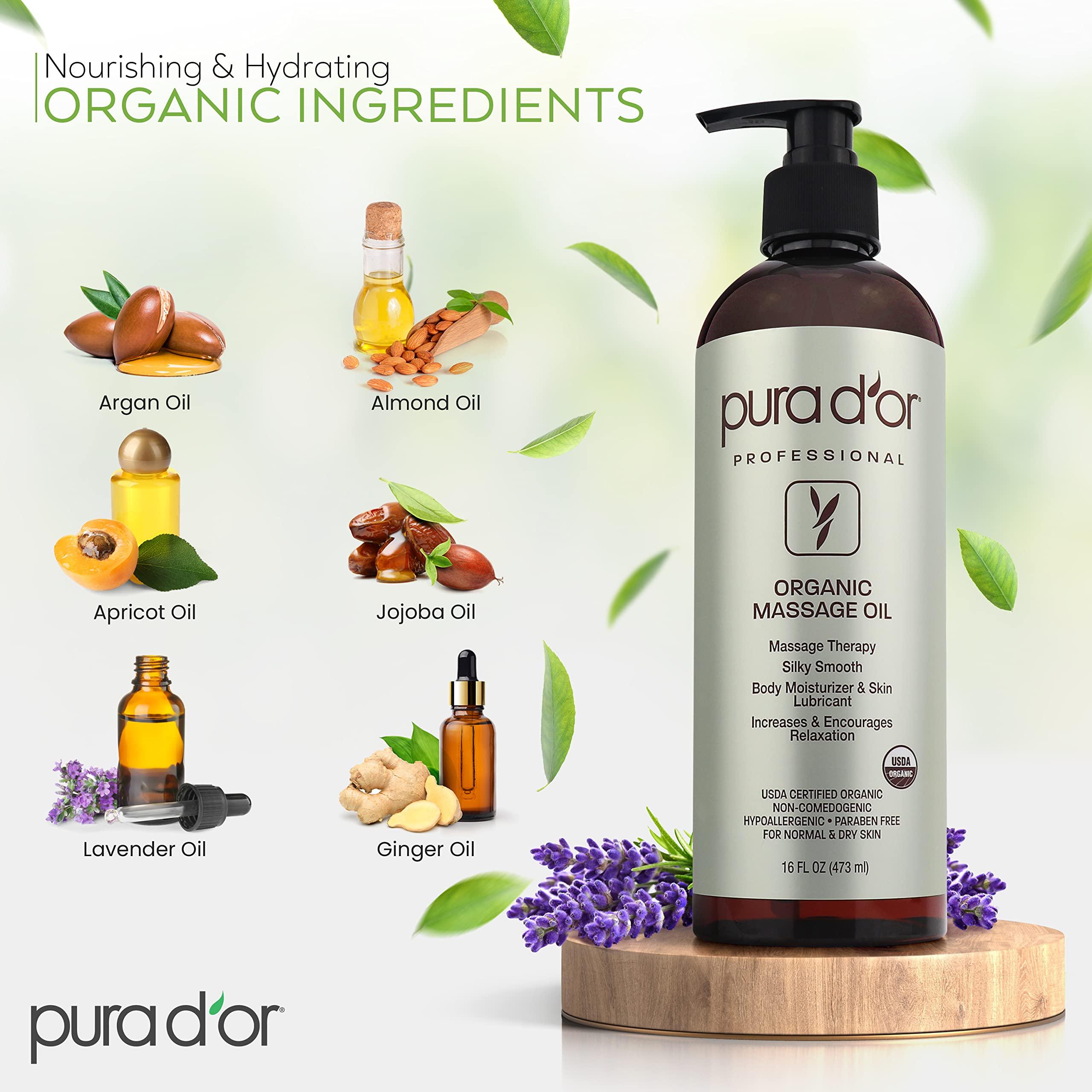 PURA D'OR 16 Oz Organic Massage Therapy Oil USDA Certified Almond, Apricot, Argan, Ginger, Jojoba, Lavender Oils for Silky & Softer Skin, Body Moisturizer & Skin Lubricant - Image 2