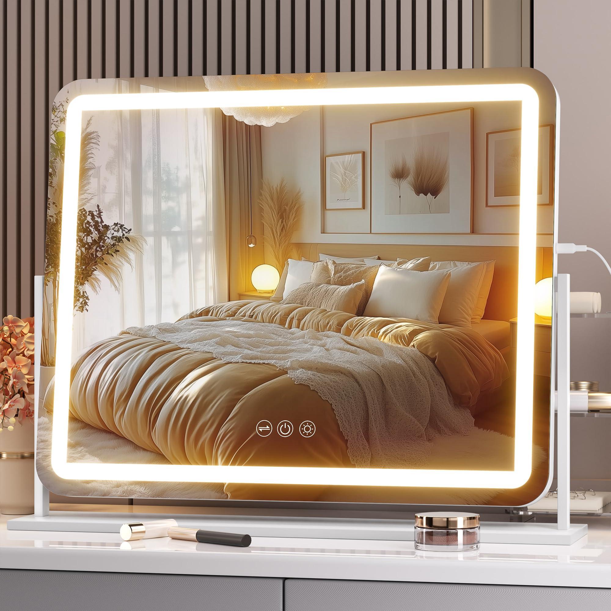 Hasipu Vanity Mirror with Lights, 22" x 18" LED Makeup Mirror, Light up Mirror with Smart Touch 3 Colors Dimmable, Brightness Adjustment, 360° Rotation (White)