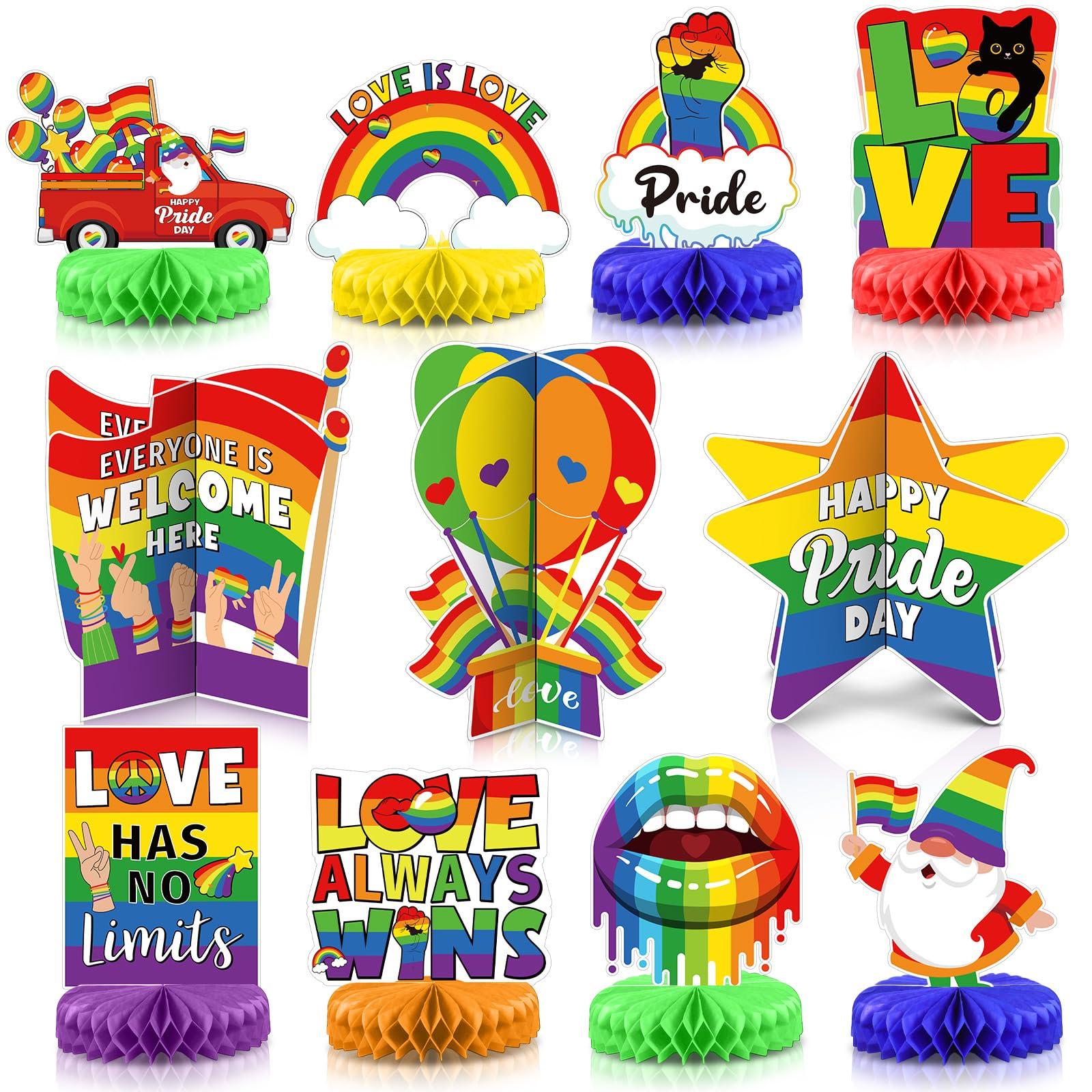 Pasimy 11 Pcs Pride Decorations 3D Rainbow Honeycomb Table Centerpiece Gay Pride Month Party Decorations Love Is Love Tabletop Toppers Rainbow Sign Decor for Office Classroom Home Lgbtq Party Supplies