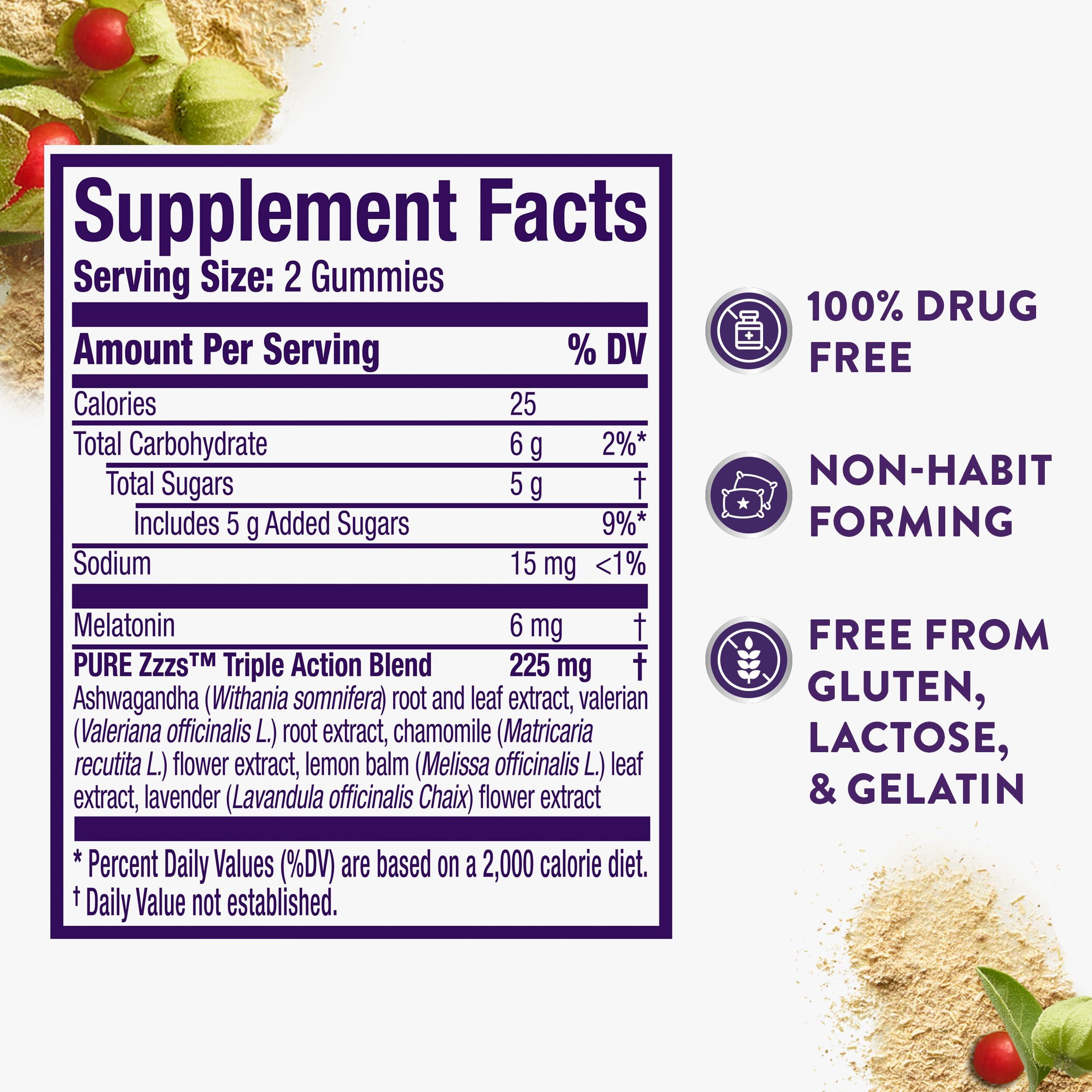 ZzzQuil PURE Zzzs Triple Action, Melatonin Gummies, Melatonin 6mg, 3X Melatonin, Sleep Aid with Ashwagandha, Calm Mood, Antioxidant Action, Sleep Aids for Adults, 60 Sleep Gummies - Image 6