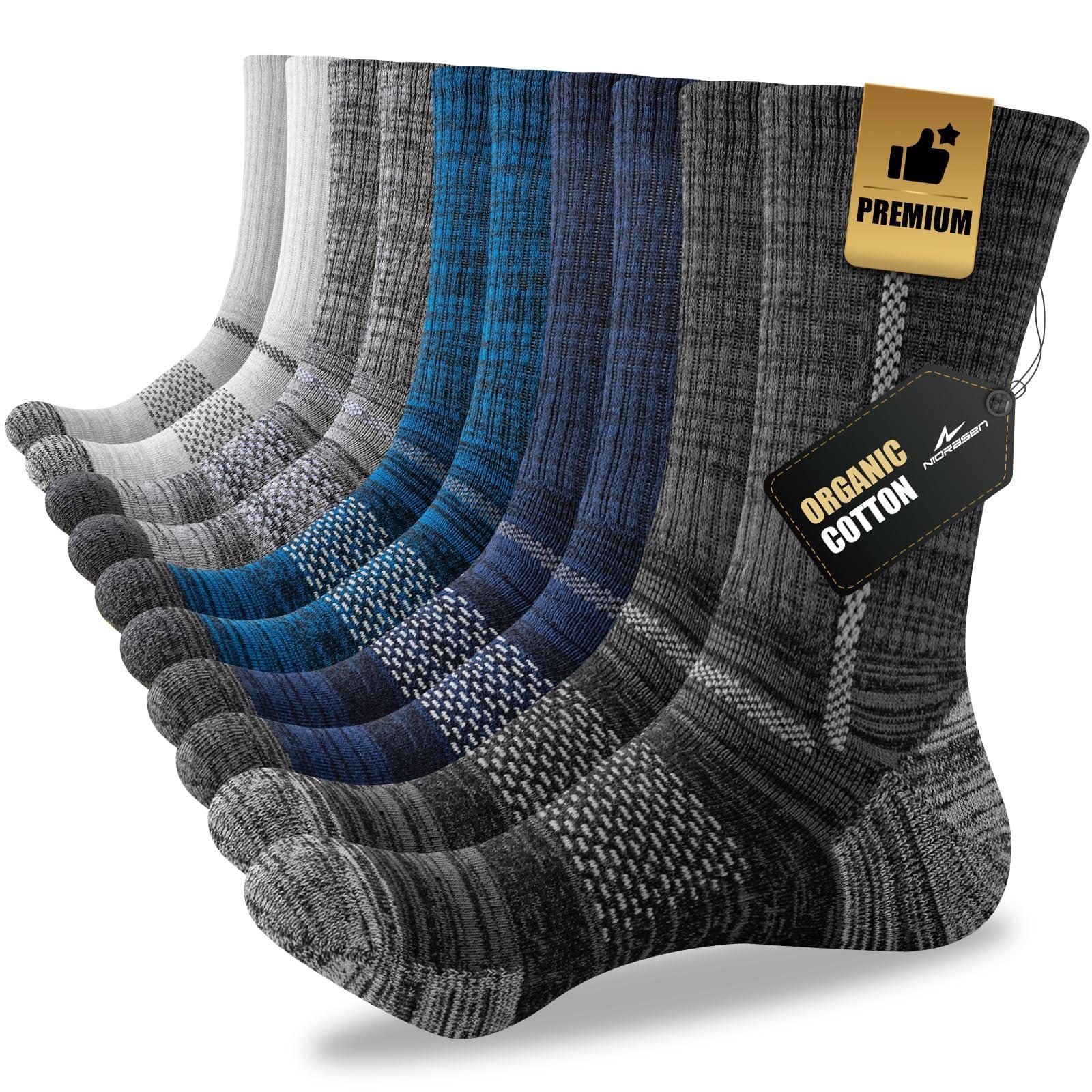 Niorasen Men's Cotton Crew Work Socks, 5 Pairs Cushioned Boot Moisture Athletic Socks for Hiking Sports Running