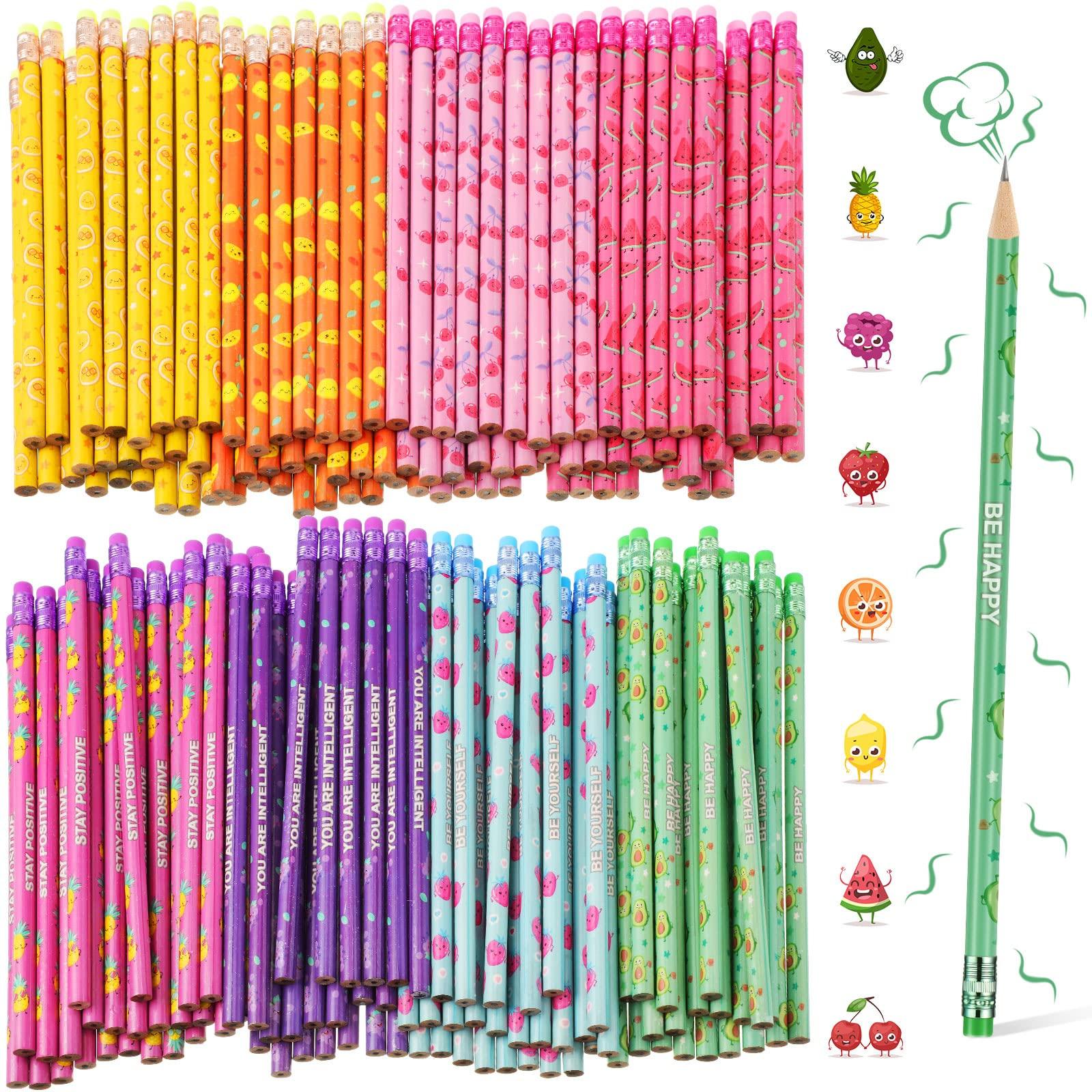 Leinuosen 200 Pcs Scented Pencils Bulk for Kids Inspirational Cute Fun Wood Smelly Pencils with Erasers Fruit Elements for School Classroom Office Students