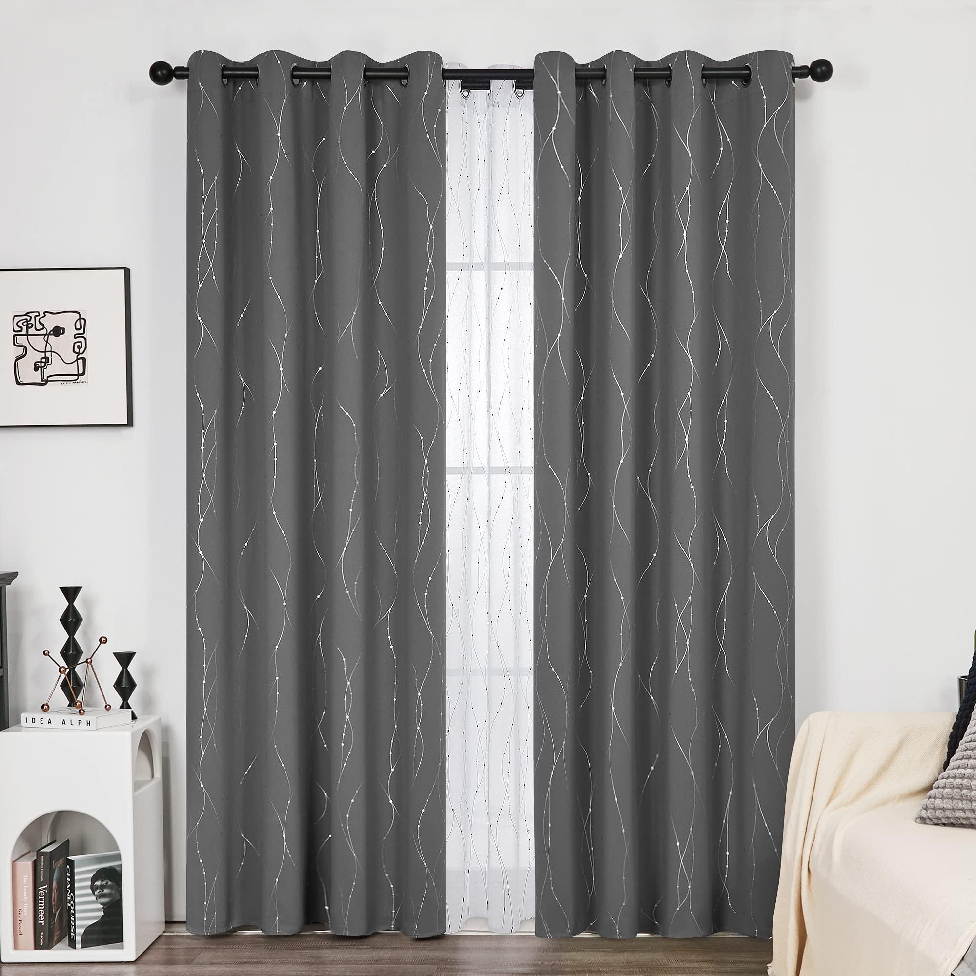 Deconovo Blackout Curtains - Silver Wave Dots Print, Thermal Insulated, Noise Reducing, Privacy Drapes for Bedroom & Living Room (52W x 84L Inch, Grey/Silver, 2 Panels) - Image 2