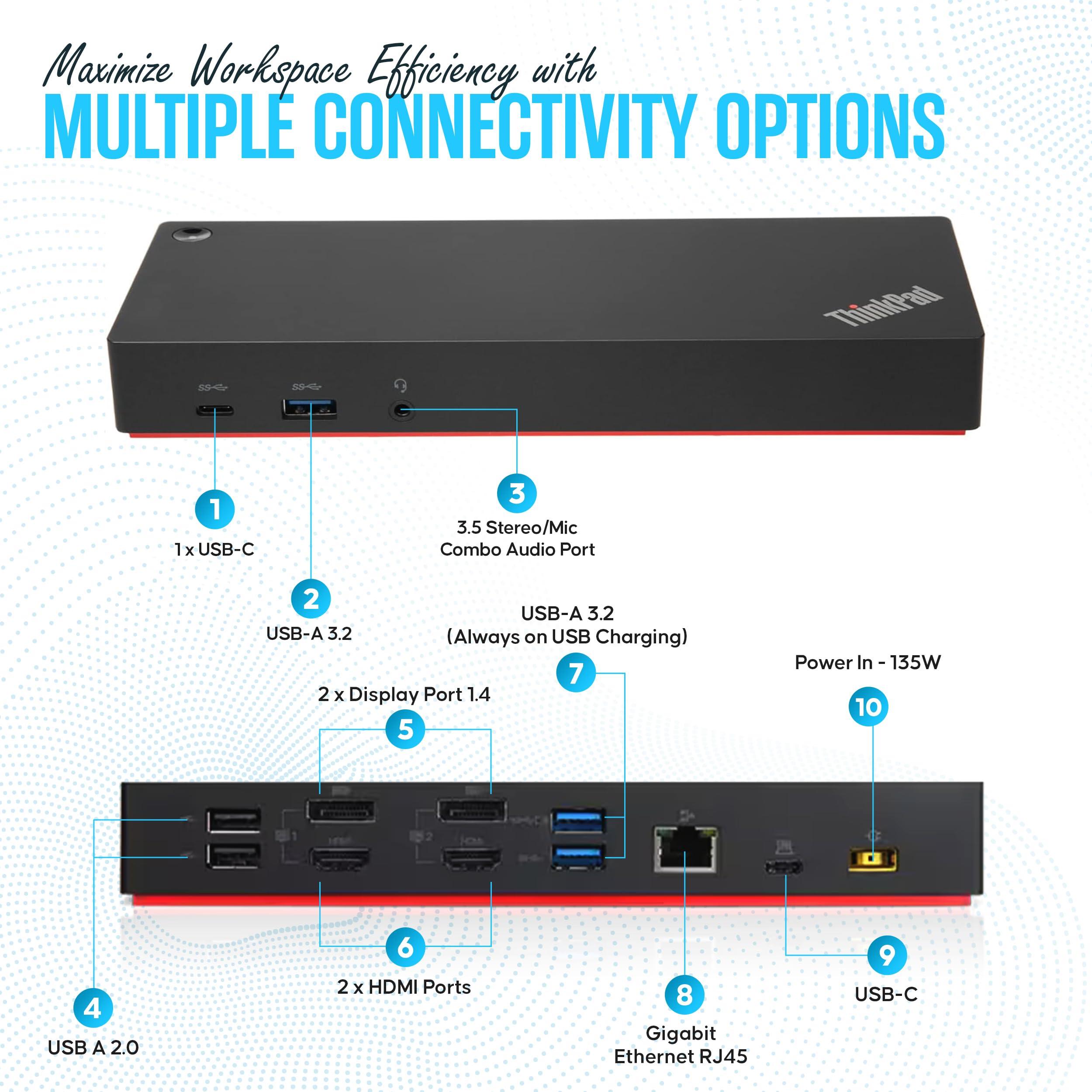 Lenovo 40AF0135US ThinkPad Docking Station Dual Monitor Hybrid USB-C with USB-A -1 Year Warranty - Supports 4K, with 135W, HDMI & DisplayPort Cable – Compatible with Windows (RENEWED) - Image 3