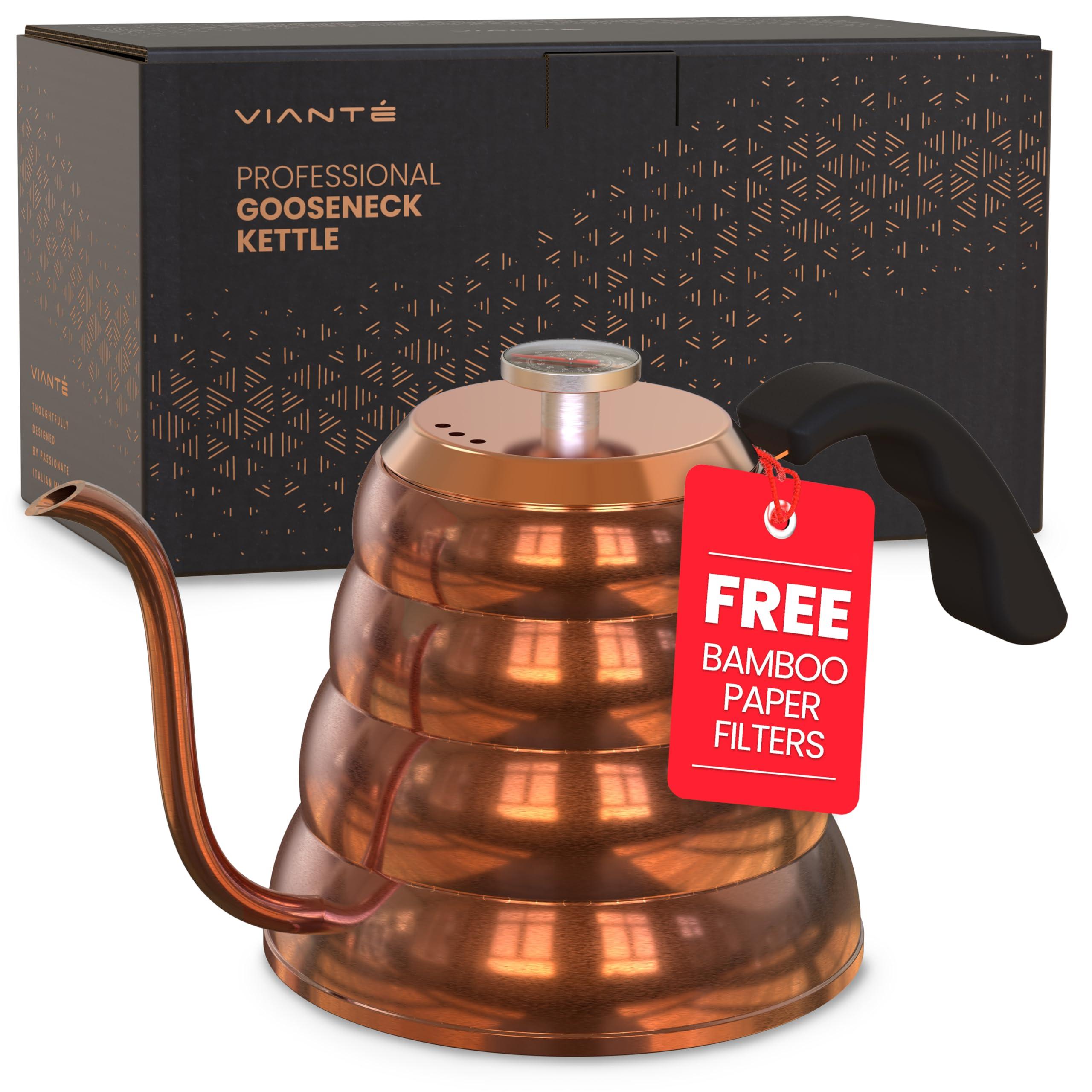 Vianté Gooseneck Stovetop Pour Over Coffee Kettle with Thermometer for Drip Coffee and Tea. Premium Copper Stainless Steel. 40 fl oz. All Coocktops.