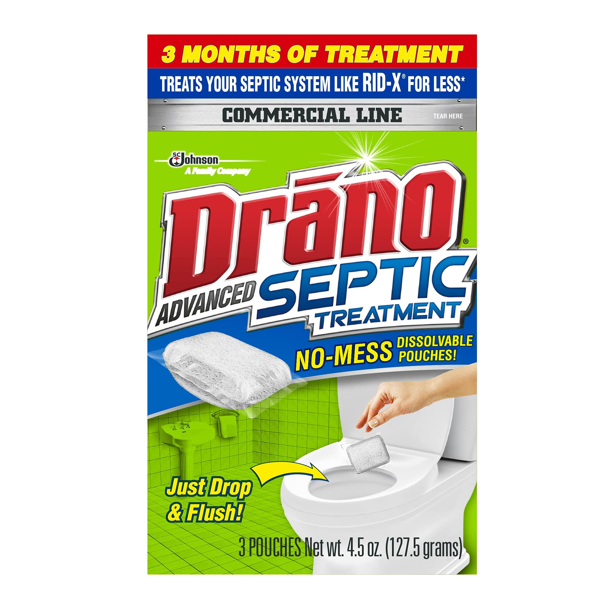 Drano Advanced Septic Tank Treatment, Prevents Septic Backup from Solid Waste, Paper, Oil, and Grease, 3 Pouches, 4.5 oz
