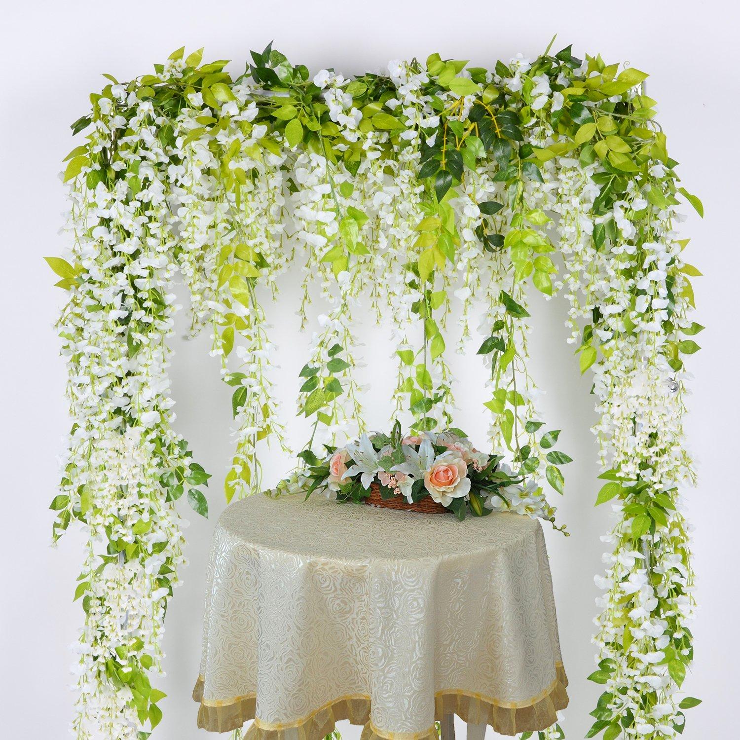 Lvydec Wisteria Artificial Flowers Garland, 4Pcs Total 28.8ft White Artificial Wisteria Vine Silk Hanging Flower for Home Garden Outdoor Ceremony Wedding Arch Floral Decor - Image 4