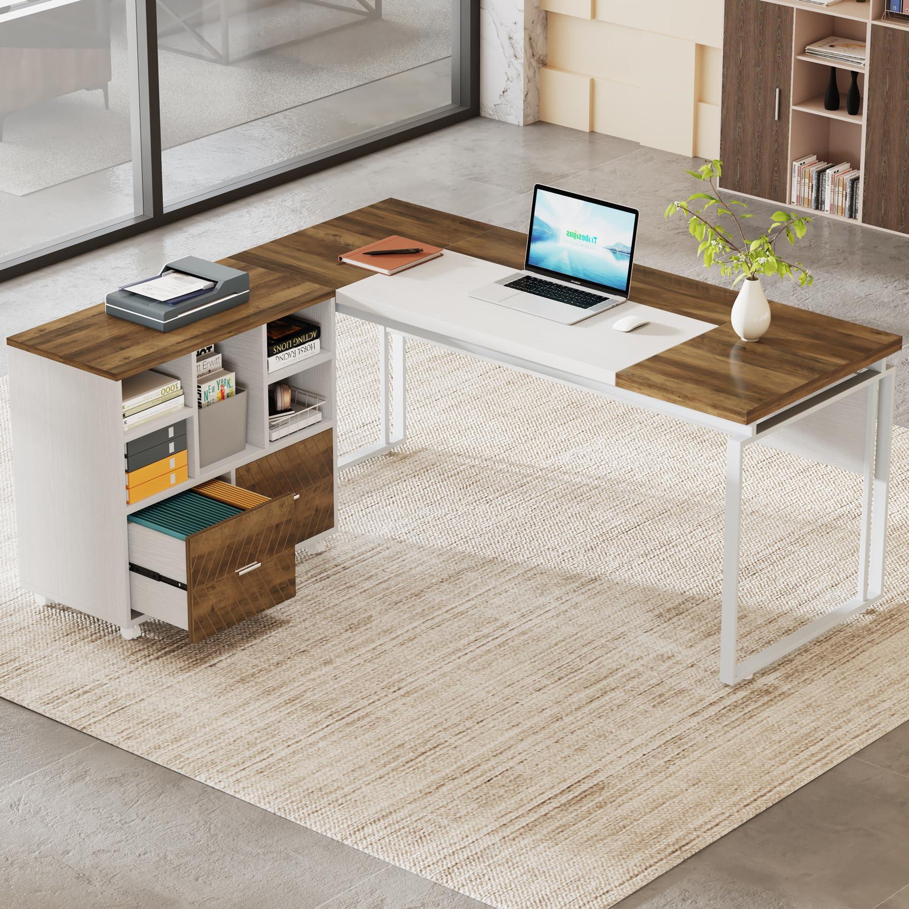Tribesigns L-Shaped Executive Desk with Reversible File Cabinet, 63" Office Desk with Storage Drawers, Computer Desk Set (Oak Karo & White) - Image 7