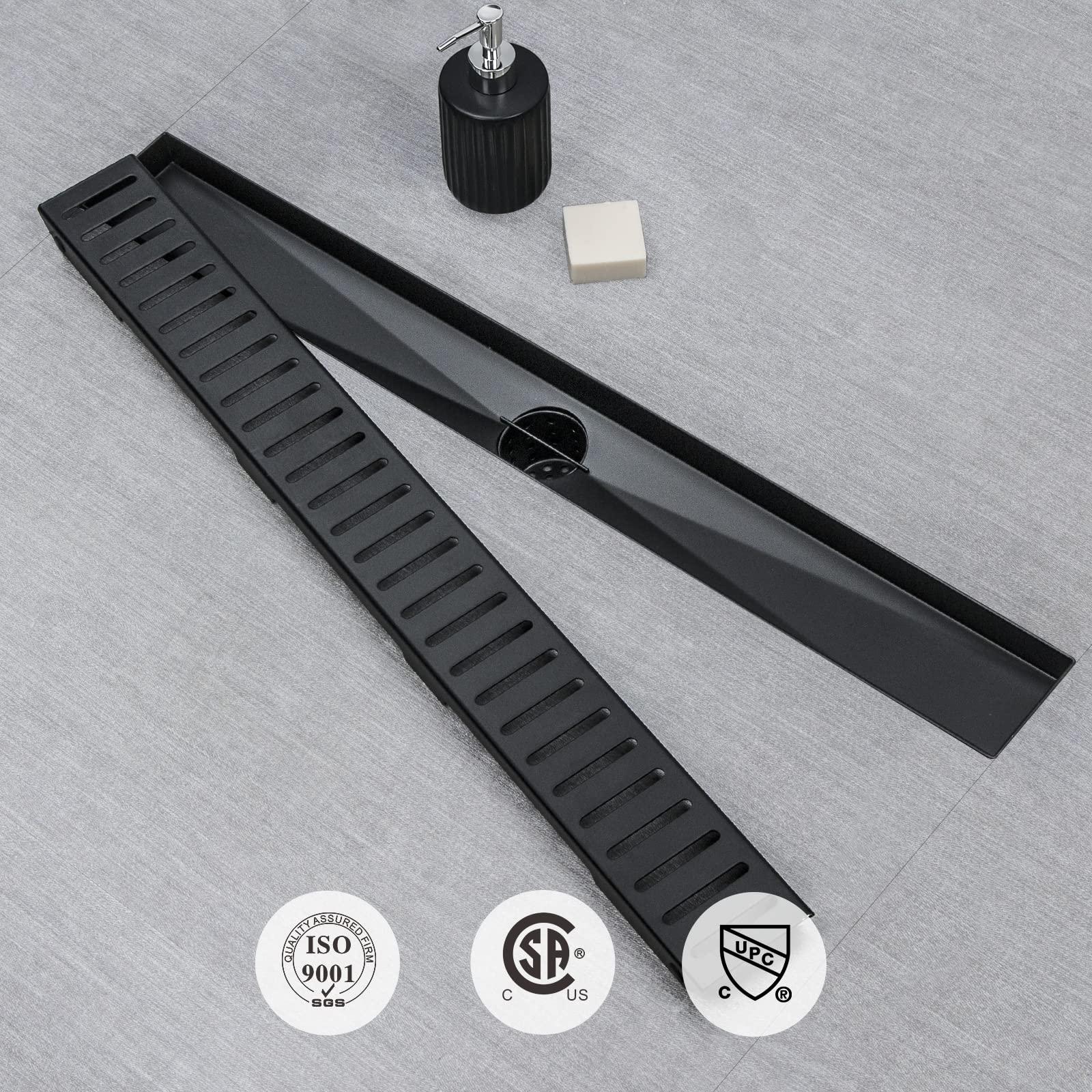 SaniteModar Linear Shower Drain, 32 inch Black Shower Drain with Removable Capsule Pattern Grate,304 Stainless Steel Shower Drain Include Hair Strainer,Adjustable Leveling Feet - Image 2