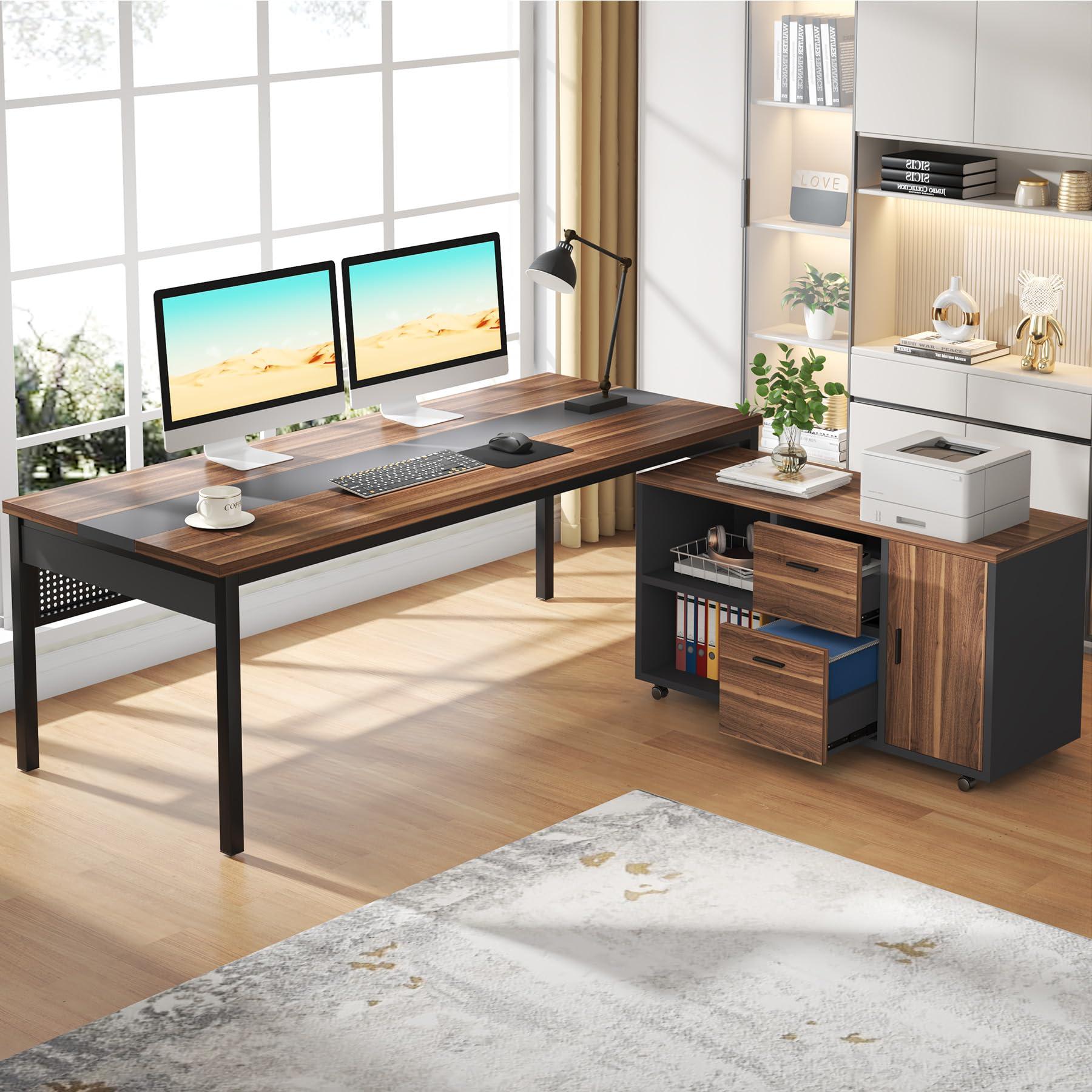 Tribesigns 70.8" Large Executive Office Desk and 47" Lateral File Cabinet Combo, L-Shaped Computer Desk 2 Piece Business Furniture with Drawers and Shelves, Home Office Workstation, Walnut - Image 3