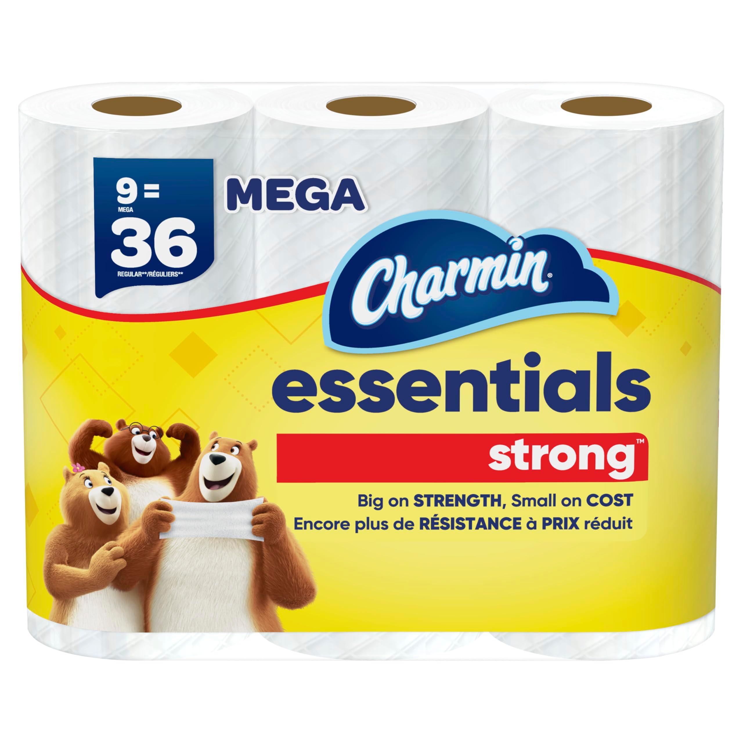 Charmin Essentials Strong Toilet Paper, 9 Mega Rolls = 36 Regular Rolls