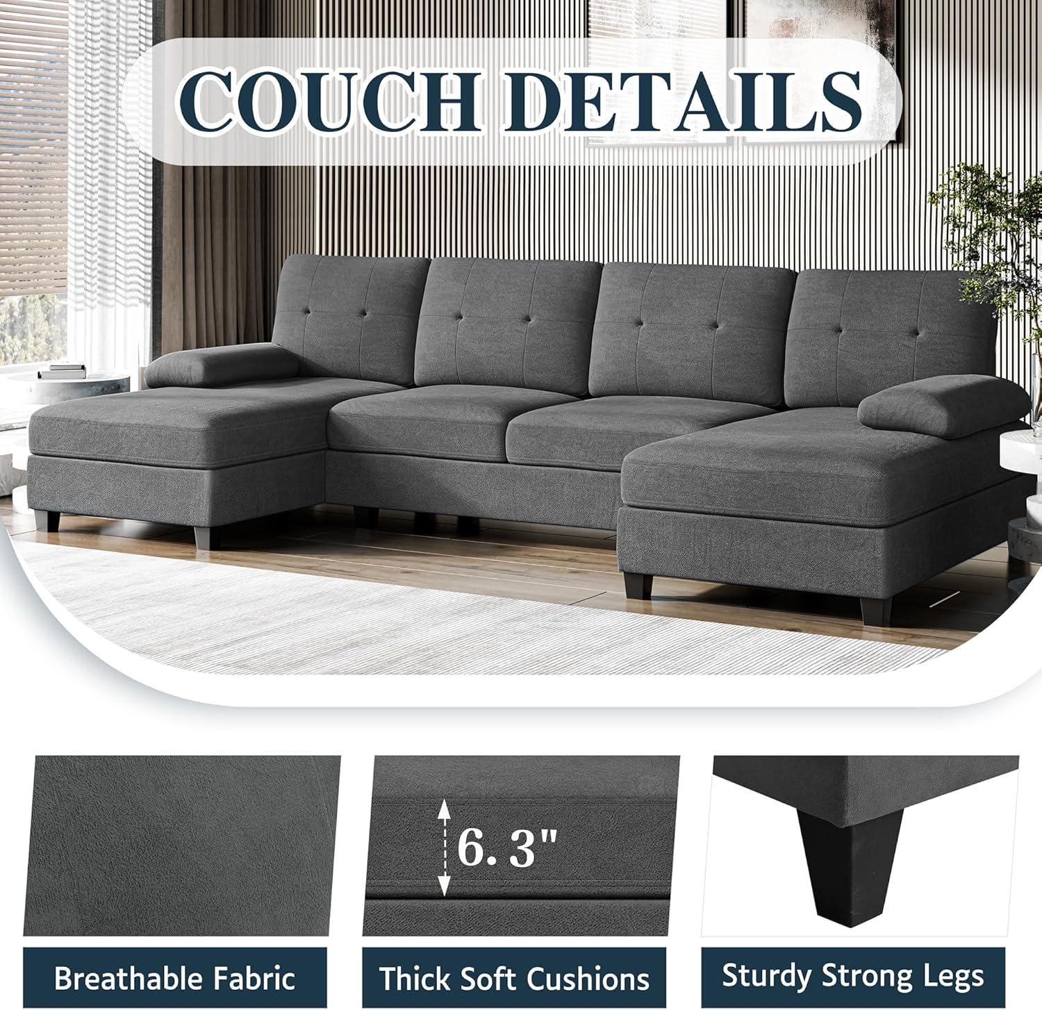 Meilocar Sectional Couches for Living Room, U Shaped Couches, Sectional Sofa with Double Chaise, 4 Seat Living Room Set, Black - Image 7