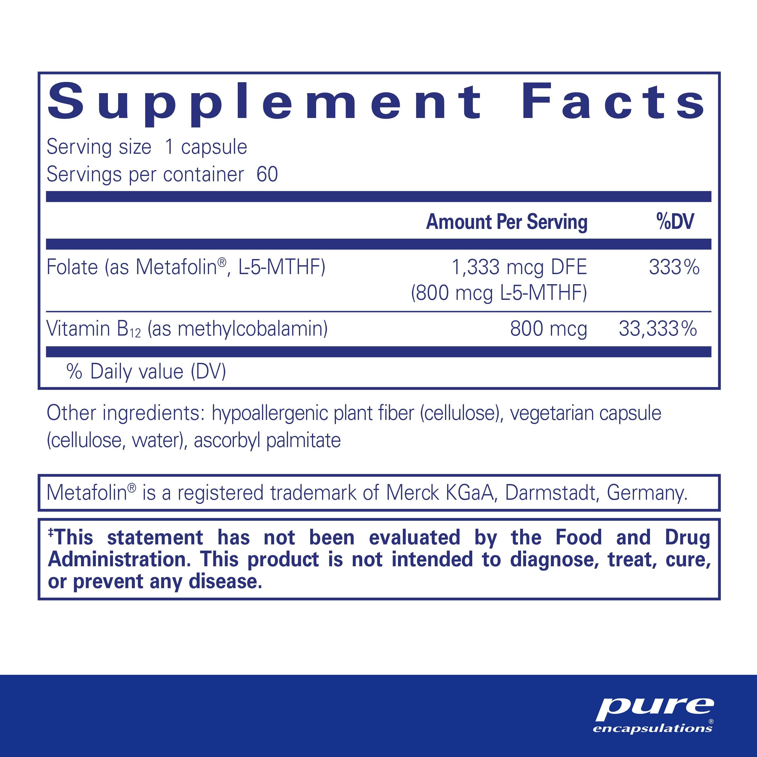 Pure Encapsulations B12 Folate - Energy Supplement to Support Nerves, Energy Metabolism & Cognitive Support* - with Vitamin B Folate as Metafolin - 60 Capsules - Image 2