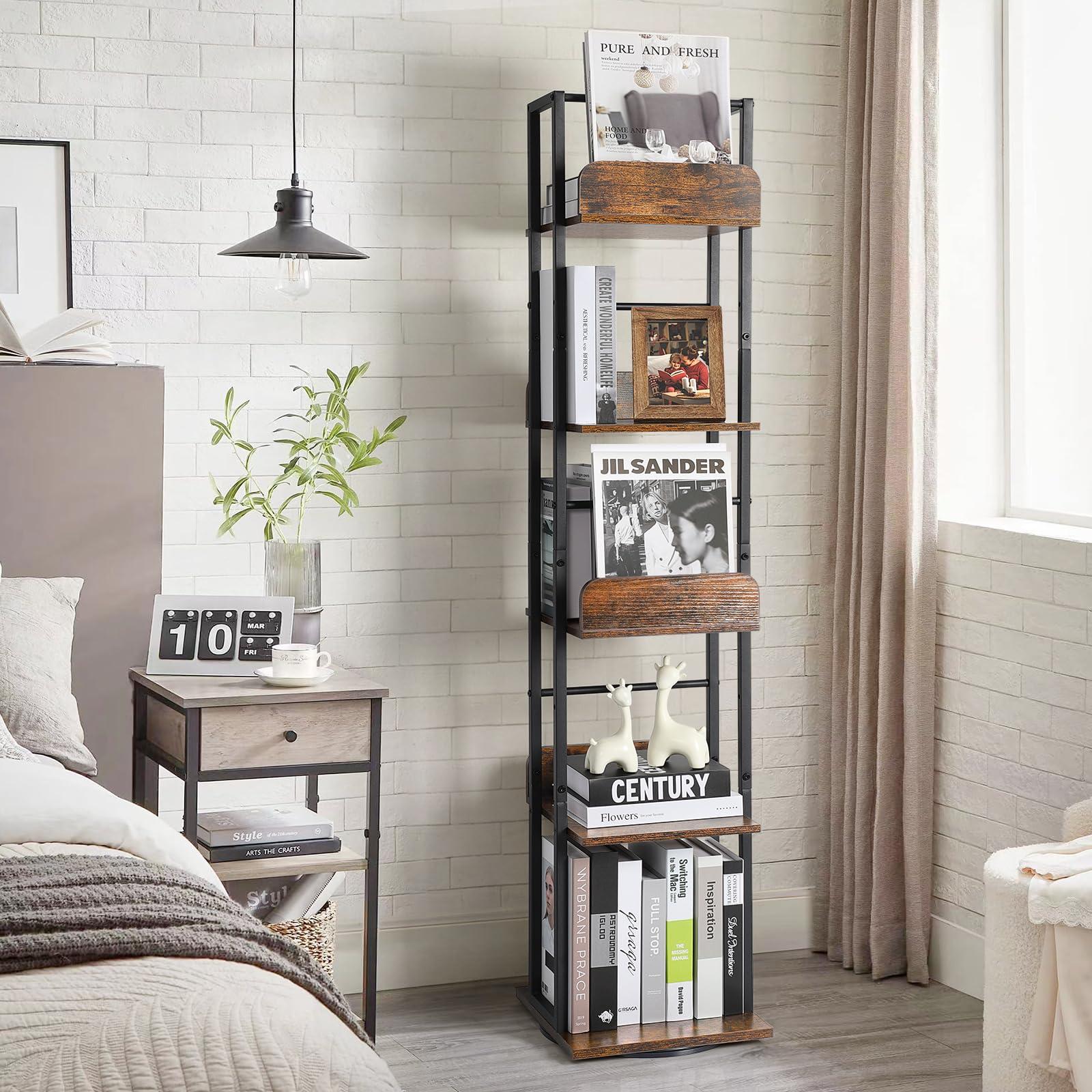 Bikoney Rotating Bookshelf, 360 Display Spinning Bookshelf Tower, 5-Tier Narrow Bookcase, Tall Industrial Book Shelf Organizer, Small Corner Book Shelves for Living Room, Black - Image 9
