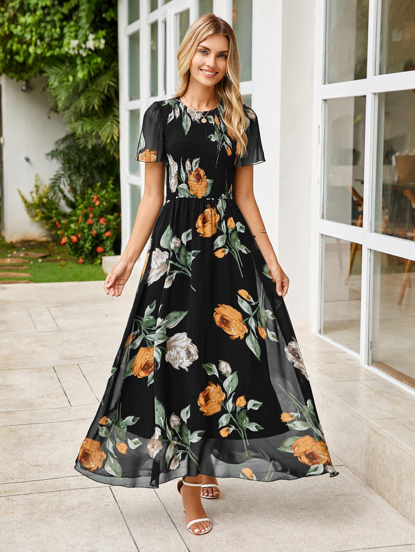 Simplee Womens Summer Floral Casual Maxi Dresses Flutter Short Sleeve Crew Neck Smocked Chiffon Boho Flowy Dress - Image 4