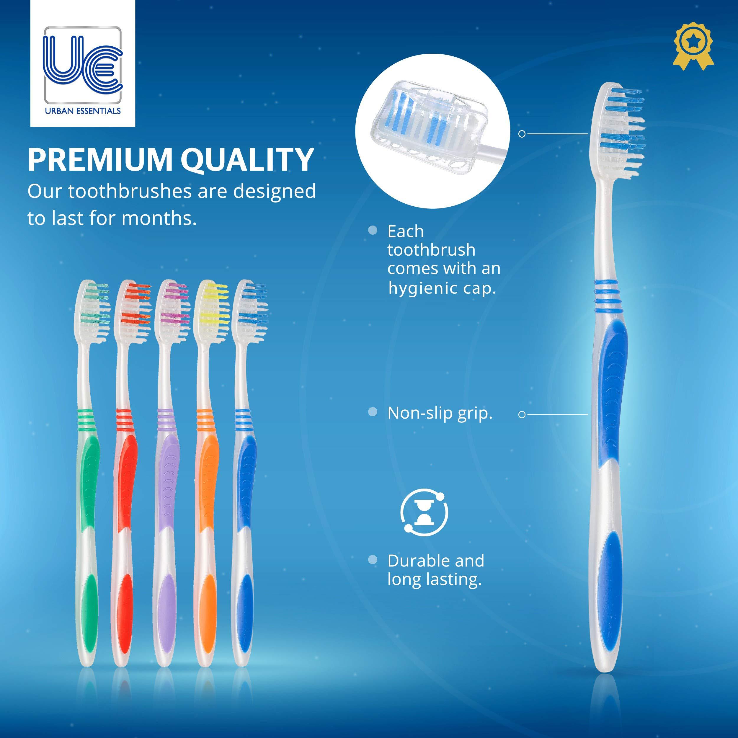 Urban Essentials Bulk Toothbrush Package with Covers | Premium Quality Individually Wrapped Colorful Tooth Brushes | Medium Soft Toothbrush Hygienic Cap for Donations, Travel, Hotels (100 Pack) - Image 5