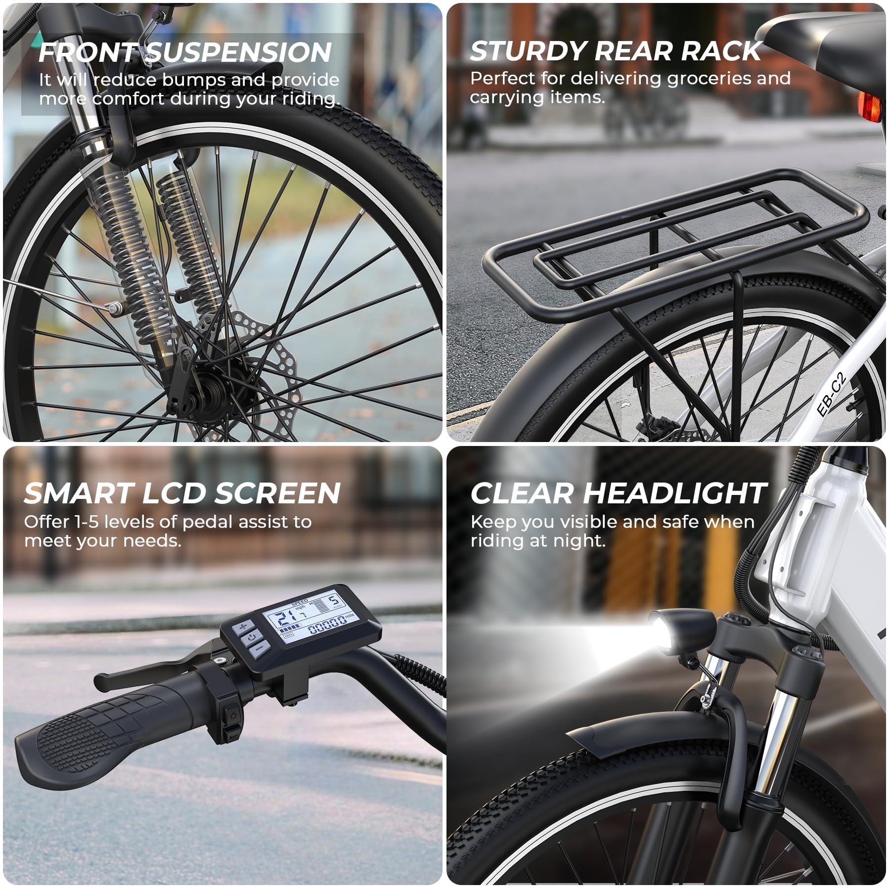 Funhang Electric Bike for Adults, 1000W Peak EBike, 50 Miles 21.7MPH Adult Electric Bicycles with 48V Built-in Removable Battery, Adjustable Stem, Rear Rack, 7 Speed, 26" Step-Thru E Bike for Commute - Image 5